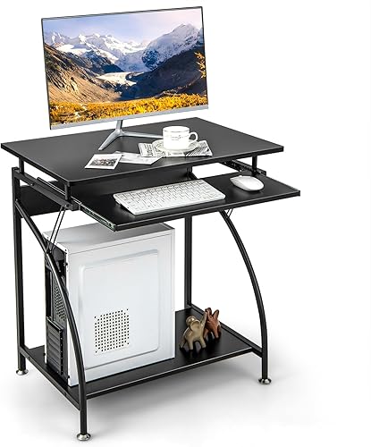 Giantex Escritorio para computadora para espacios pequeños, mesa para laptop de 27.5 pulgadas con bandeja extraíble para teclado y estante inferior