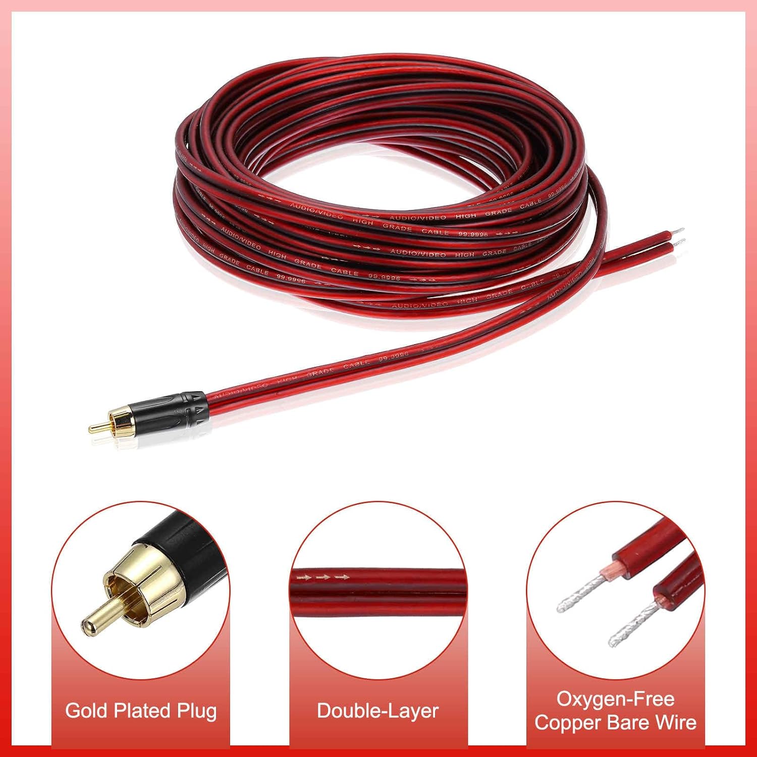 MECCANIXITY RCA to Bare Wire Open End Audio Cable, 33ft (10 Meter) 14AWG Gold Plated Audio Cable, RCA Extension Wire for Guitar, Speakers