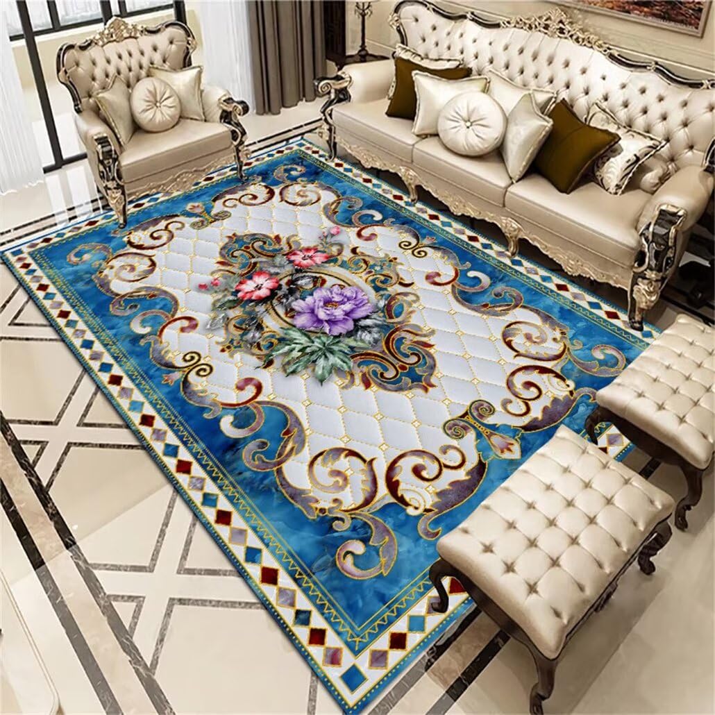 Tapis bleu de salon grand format 180x230 cm avec motifs floraux rétro