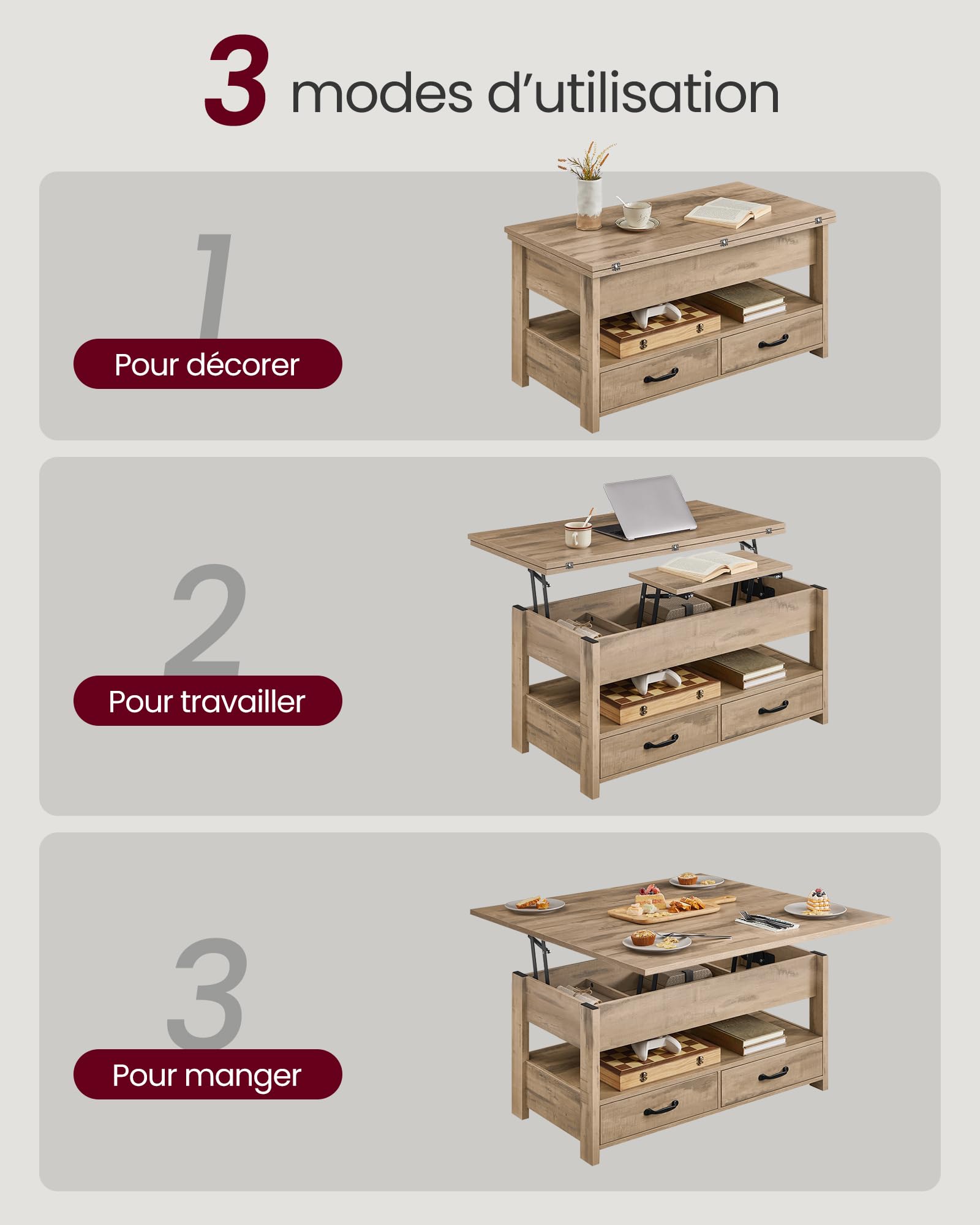 VASAGLE Table Basse, Table de Salon Relevable, Vérin à Gaz, 2 Tiroirs et 3 Compartiments sous Le Plateau, 1 Compartiment Ouvert, pour Salon, Bureau, Marron Camel LCT254L01