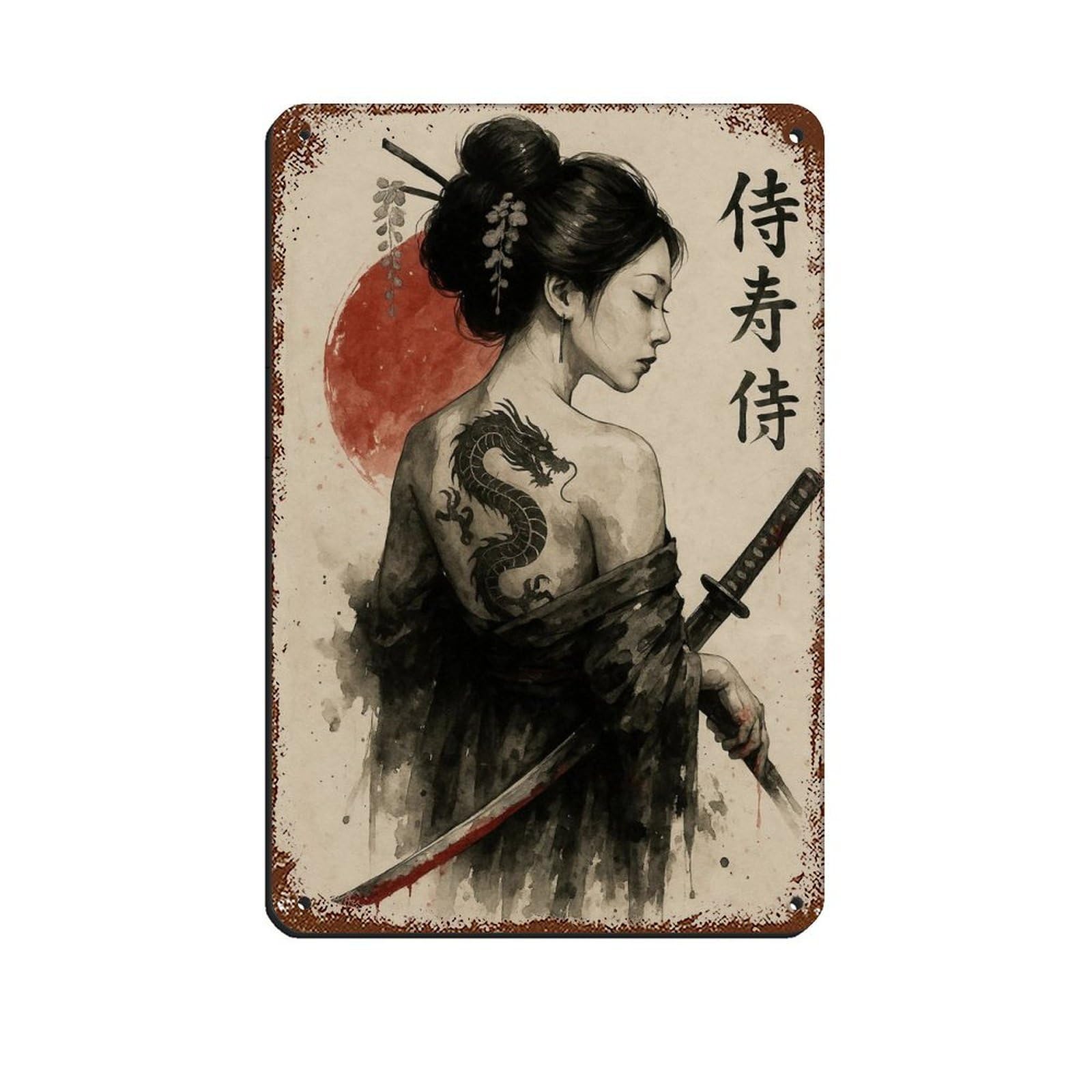 Wjwart Style Modern Samurai Woman Tin Sign Vintage Metal Pub Club Cafe Bar Home Wall Art Decoration Poster Retro 8X12inch(20X30cm)