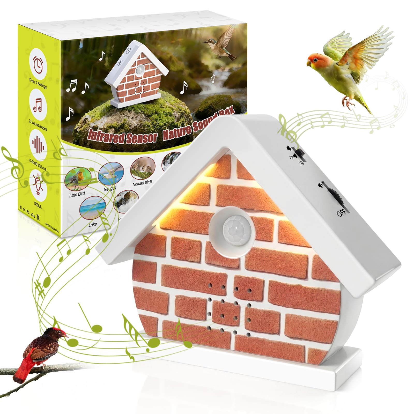 3 in 1 Singing Bird Chirping Sound Box with Motion Sensor, LED Light, Timer, 11 Soothing Songs, Portable Birdsong White Noise Nature Sound Therapy for Home, Spa, Baby, Travel Relaxing (0-90dB)