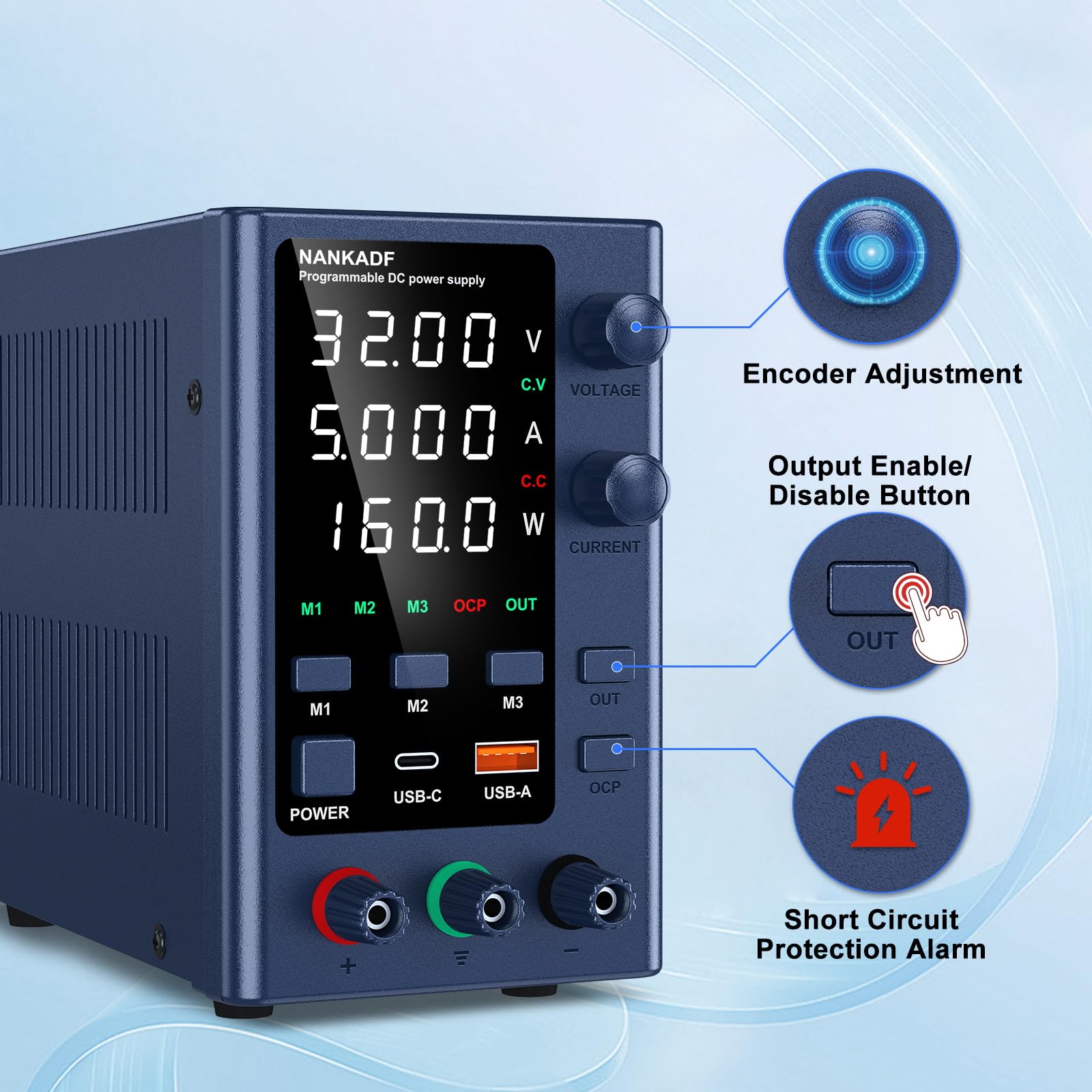 Alimentatore da Banco 0-32V/0-5A, Alimentatore da Laboratorio Regolato ad alta Precisione Display a LED a 4 cifre, con Controllo Encoder e Memoria dati
