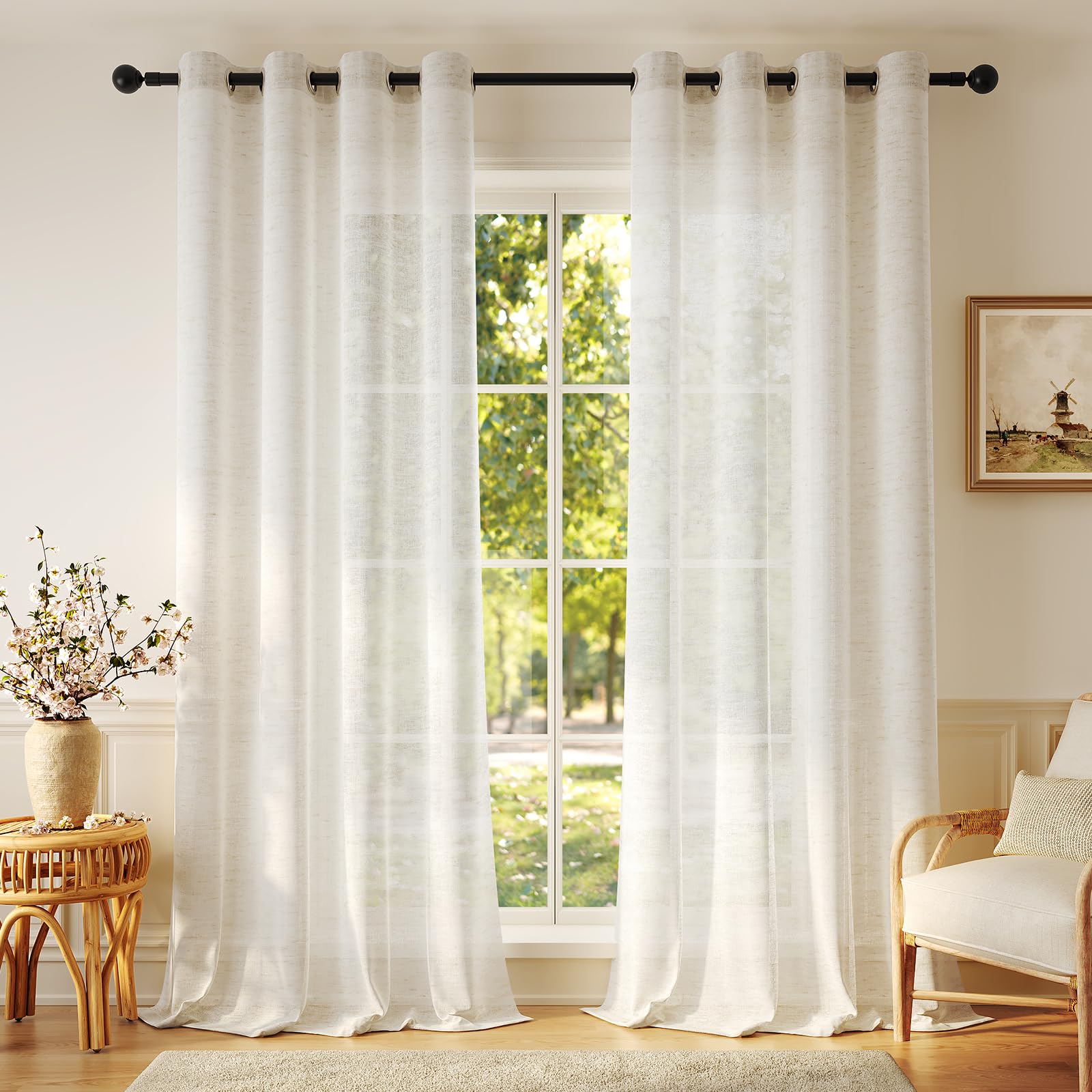 Anmao Flax Linen Curtains for Living Room 96 Inch Length 2 Panels Set, Light Filtering Sheer Window Curtain Drapes for Bedroom with Nickel Grommet, 52 Inch Wide Each Panel, Ivory Color
