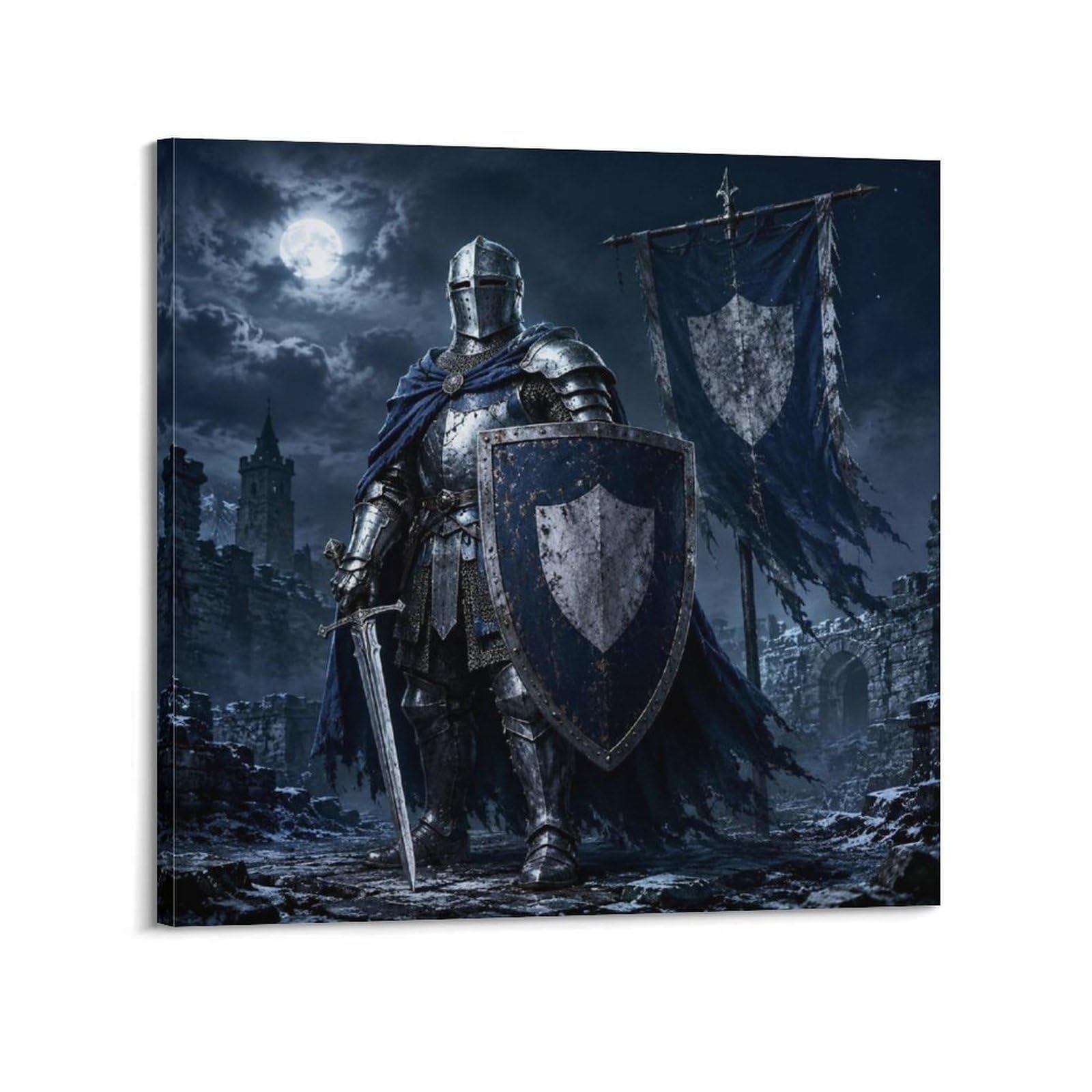 XKUGA Gothic Teutonic Knight Shield Poster Silver Banner Armor Modern Decorative Canvas Prints - Ideal Wall Art for Family, Man Cave, Game Room, Boys & Girls Bedroom 16x16inch(40x40cm)