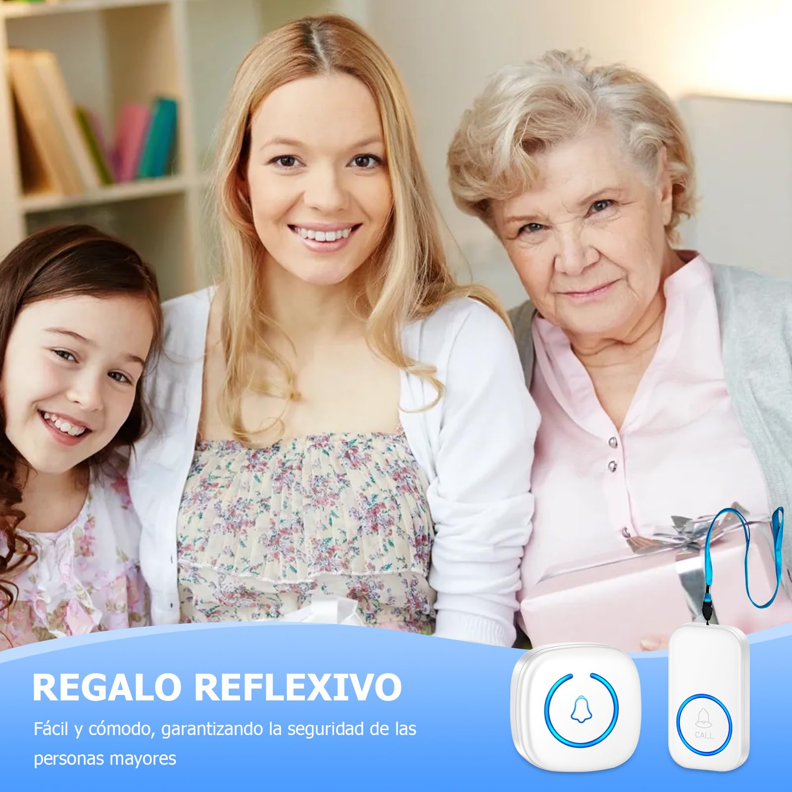 Timbre de Llamada de Emergencia para Ancianos con Vibración, Luz y Sonido (2 Emisores + 2 Receptores)