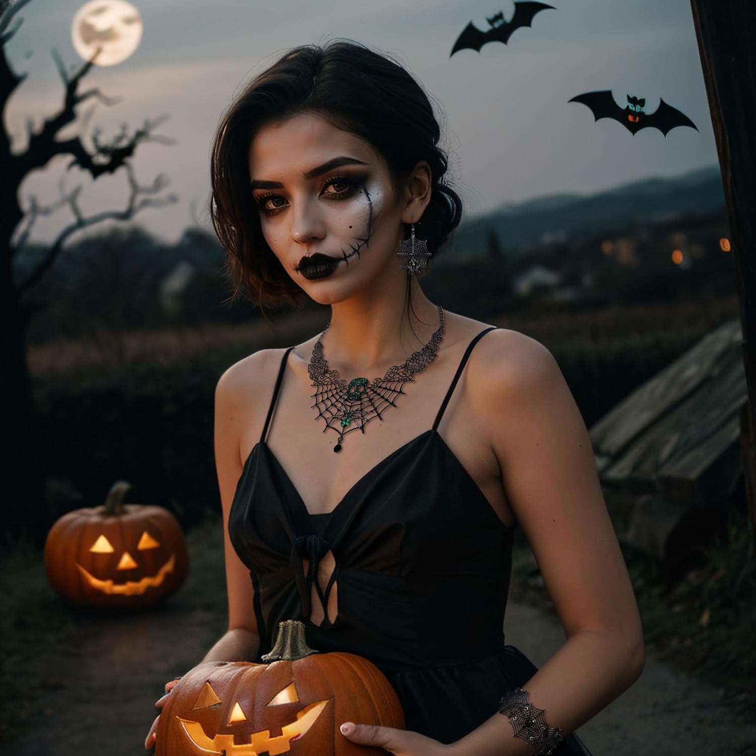 BriLove Halloween Costume Spider Cobwebs Crystal Necklace Earrings Set Gothic Skull Pendant Collar Jewelry for Women Cosplay Party Prom - Image 2