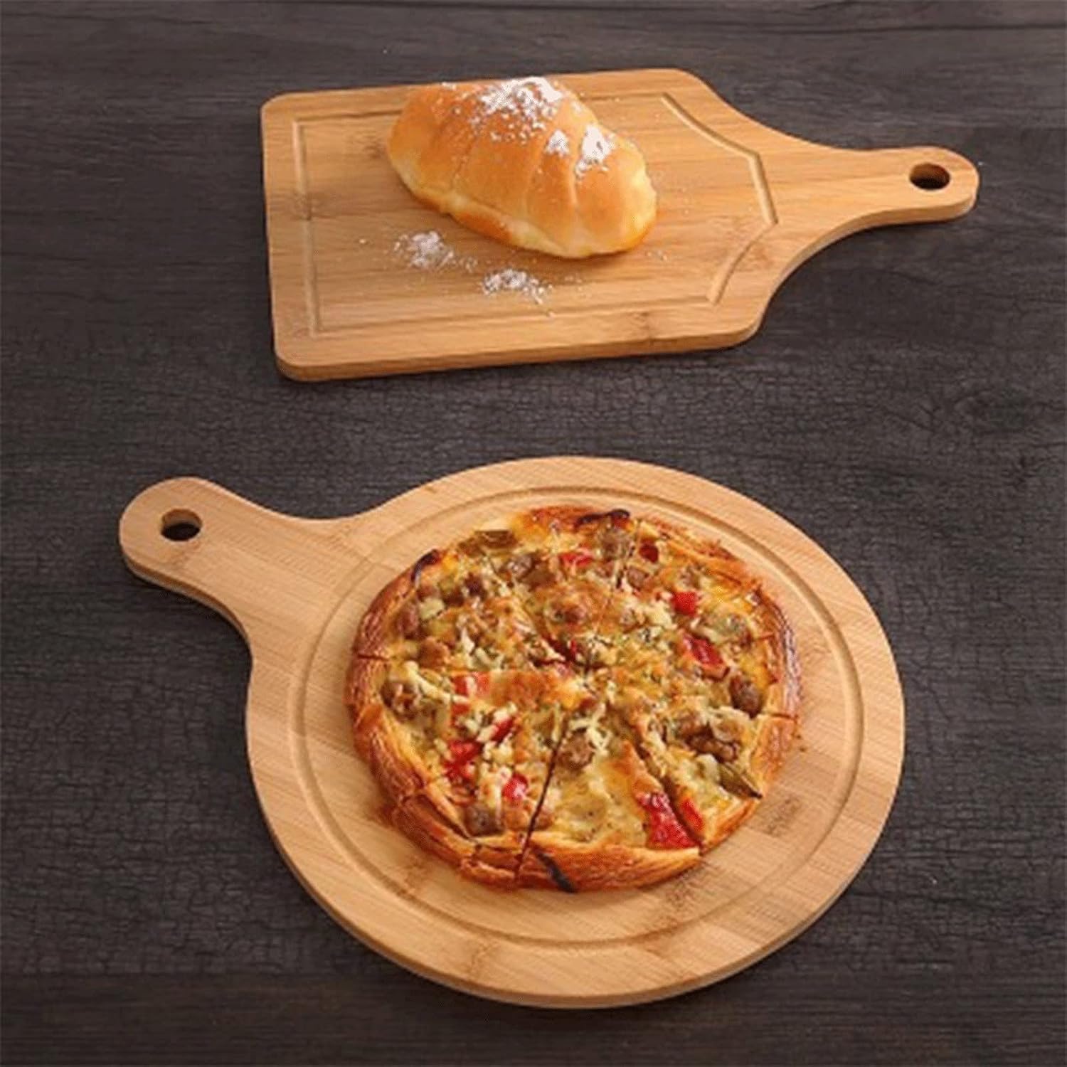 Round Wooden Cutting Board with Handle - Solid Wood Kitchen Board for Pizza, Bread, Fruit - 40x24cm, Easy to Hang, Durable and Stylish Food Prep Essential