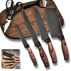 Jogo De Facas 6 Unidades Premium Rustica Amadeirada Black Corte Preciso Acabamento Antiaderente Mzcell