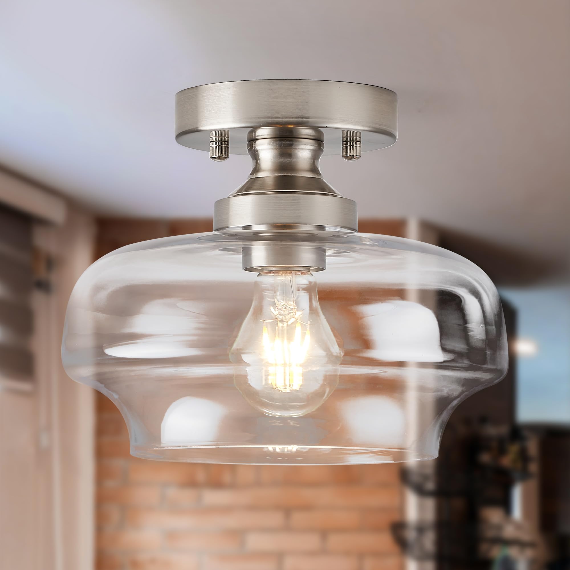 Brushed Nickel Semi-Flush Mount Ceiling Light 9 5 1-Light Clear Glass Shade - Modern Lighting Fixture for Hallway