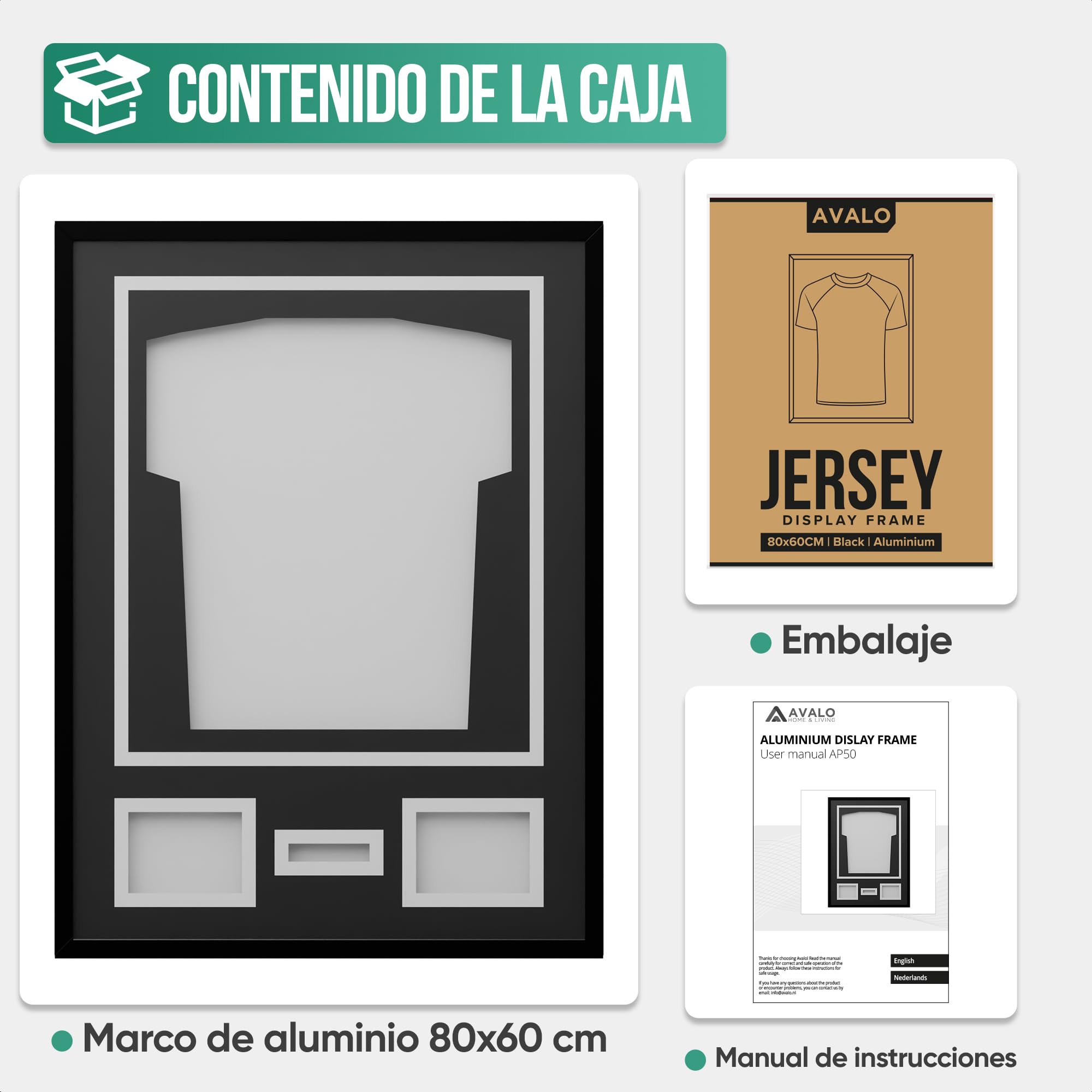 Avalo Marco de objetos de aluminio – Camiseta de fútbol – Marco 3D Box Frame – 60 x 80 cm – Negro