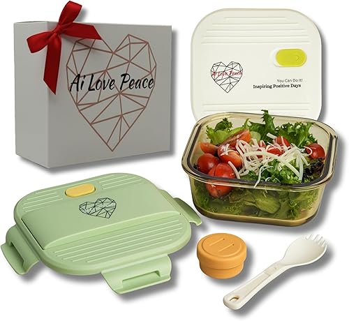 Miniatura 12 de Ai Love Peace Recipiente de sopa con tapas dobles, lonchera de vidrio borosilicato de 26 onzas Tapa a prueba de fugas + tapa de congelador segura