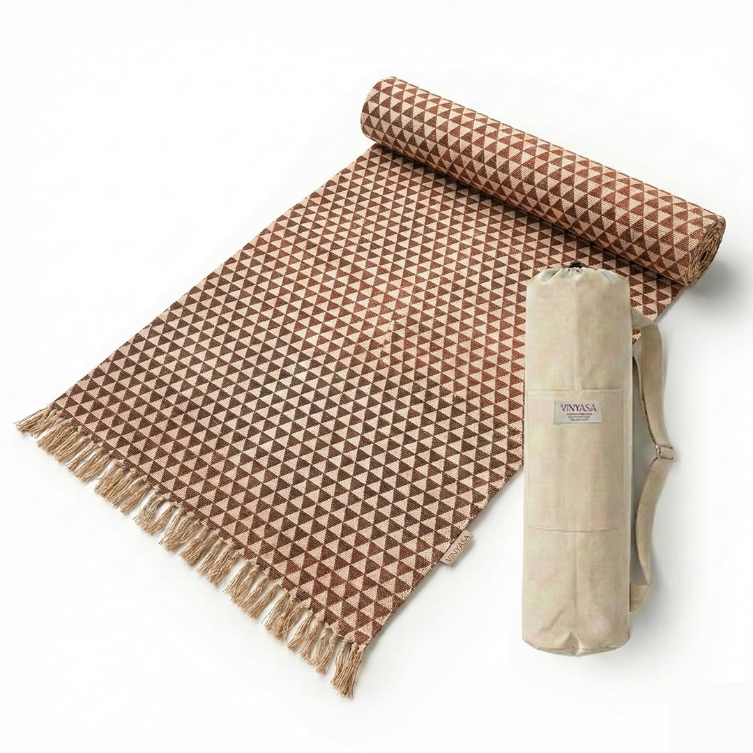 Handwoven Cotton Yoga Mat – Block-Printed Natural-Dyed Pattern | Natural Cotton Yoga Rug for Yoga, Meditation & Exercise, Breathable & Durable (Cutch)-image-38