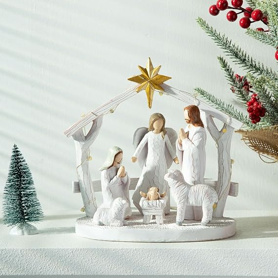 Large Nativity Scene with Lights, Nativity Story Resin Sculpted Hand Painted Nativity Figurine Set for Christmas Holy Family Manger Scene for Christmas Tabletop Decorations