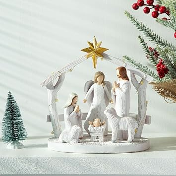 Large Nativity Scene with Lights, Nativity Story Resin Sculpted Hand Painted Nativity Figurine Set for Christmas Holy Family Manger Scene for Christmas Tabletop Decorations