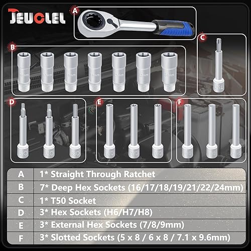 Miniatura 2 de Juego de 18 piezas de herramientas de extracción de tuercas de amortiguador de suspensión, cubo de dirección de 1/2 pulgada, juego de trinquete y 18