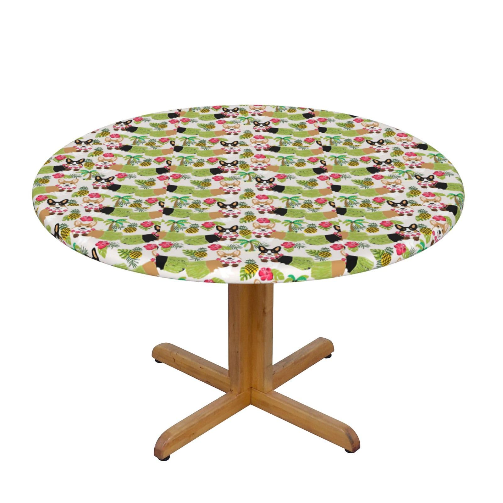 PPHGUT Corgi Hawaiian Tropical Summer Pineapple Print Round Tablecloth Family Table Cover Kitchen Wedding Party Everyday Outdoor