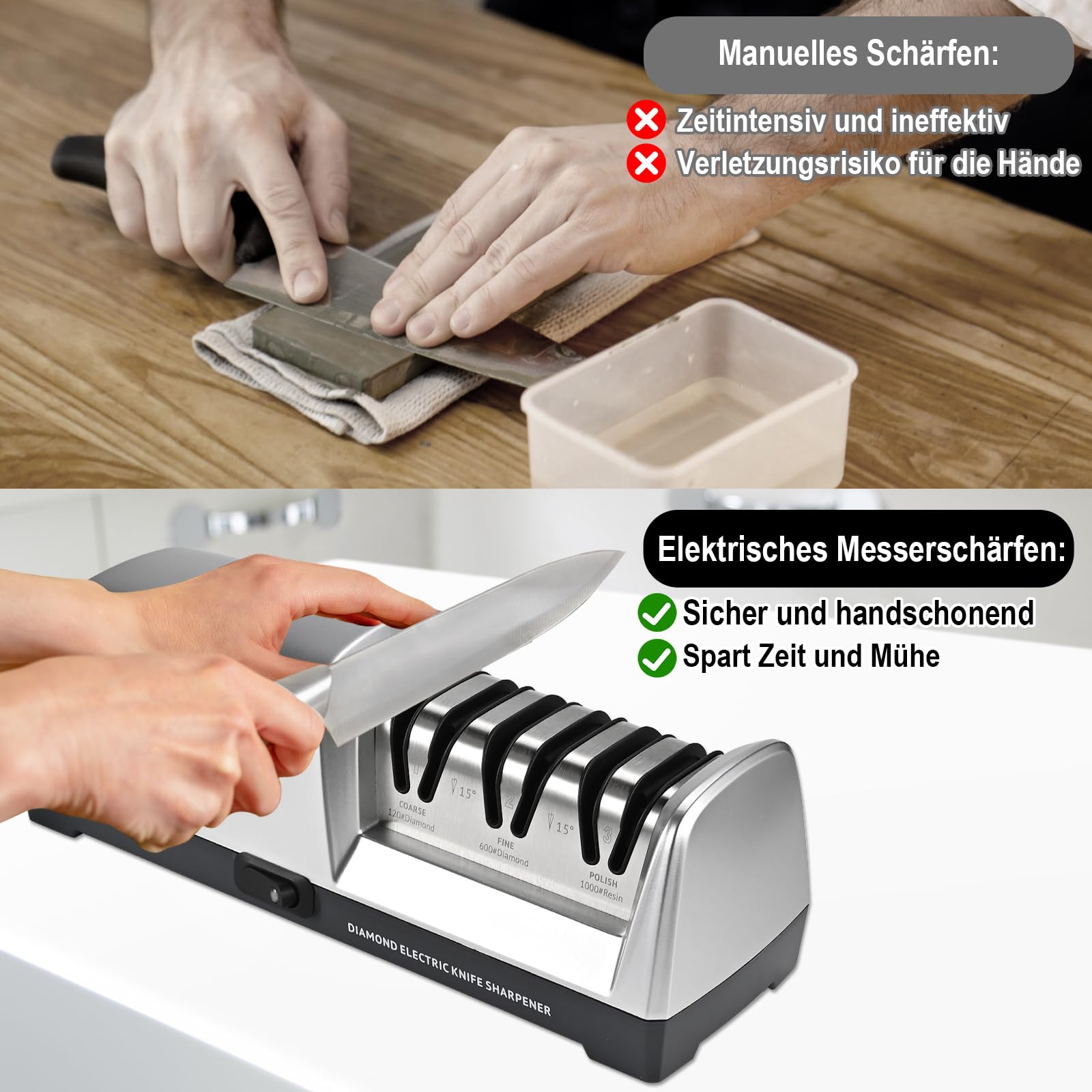 Herboom Elektrischer Messerschärfer, 3-Stufen Messerschärfsystem mit Diamant
