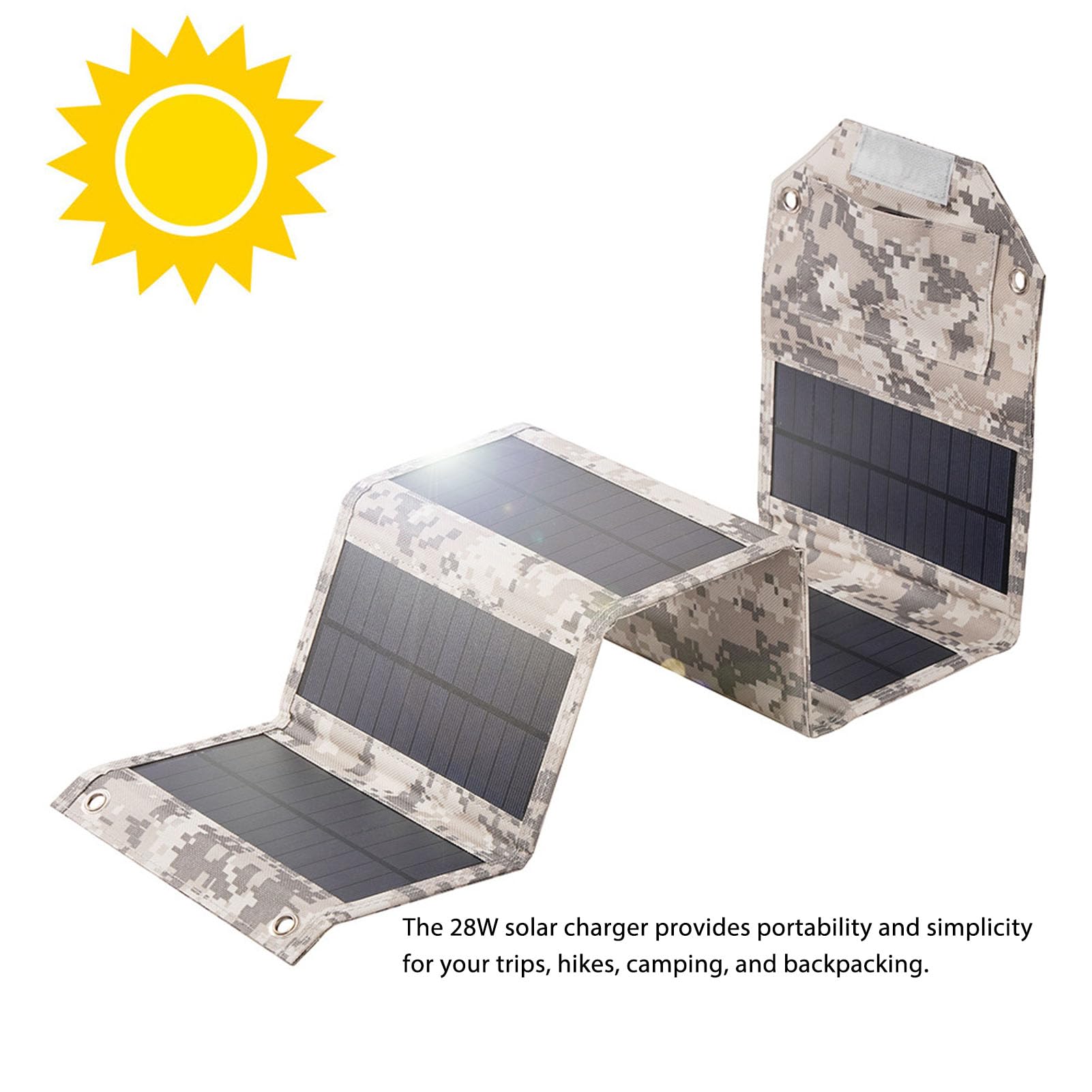 Chargeur Solaire Charger, Polysilicon et Oxford Tissu 6 Folds Chargeur Solaire Pliable étanche 5V 4A pour la Randonnée (Camouflage)
