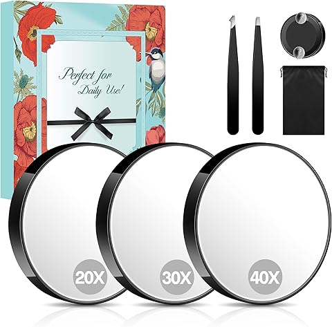 MIYADIVA Espejo de Aumento Conjunto, 20x&30x&40x Espejo de Maquillaje con Ventosa, Espejos de 9 cm, con 2 Pinzas y Bolsa de Almacenamiento, Ideal para Viajes, el Cuarto de Baño, Regalo para Mujer