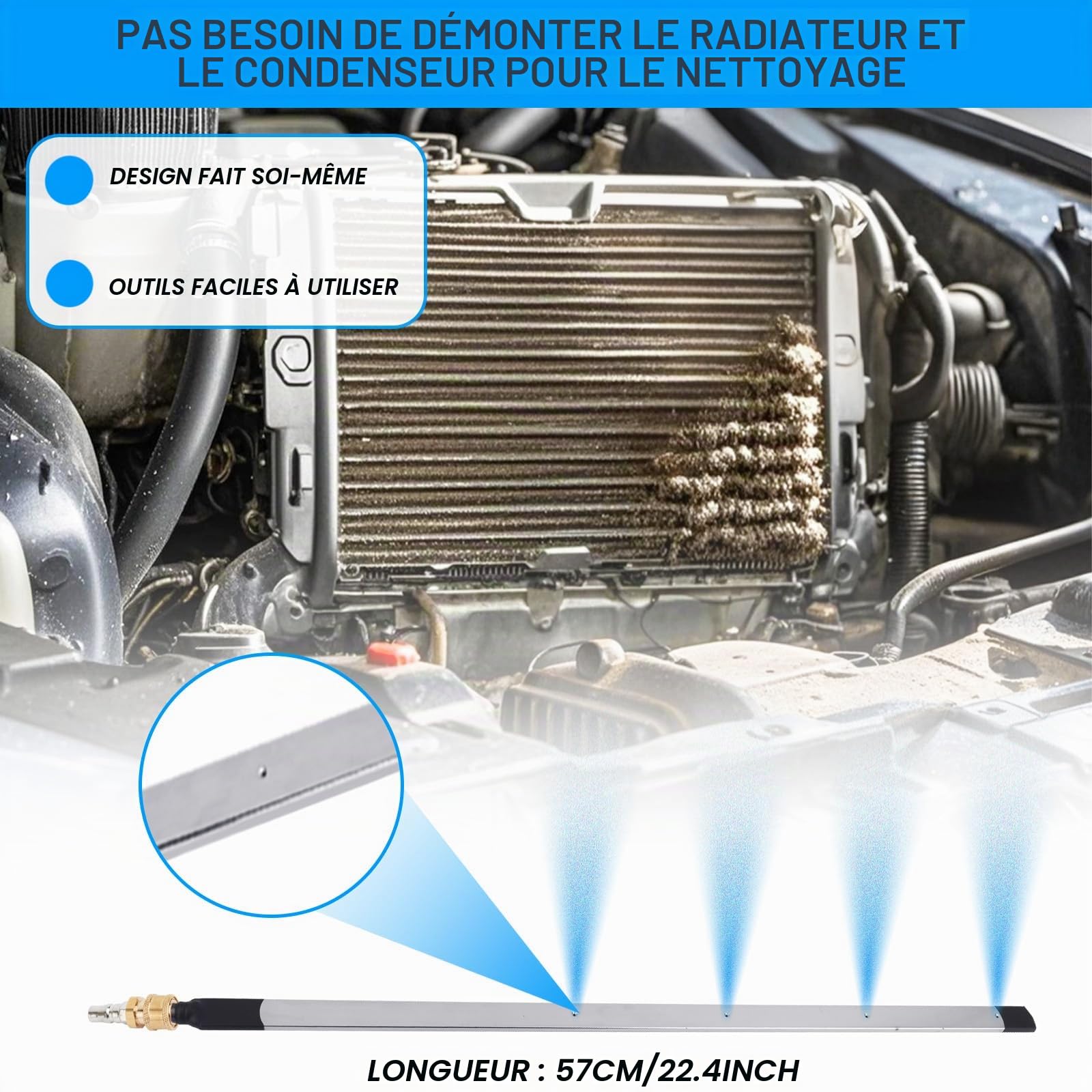 Kit de 4 Lances Nettoyage pour Radiateur Voiture, Lance Nettoyeur Haute Pression de 57cm Avec Vanne Commutation Raccord Pivotant Raccord Rapide un Nettoyage Efficace du Radiateur des Gouttières