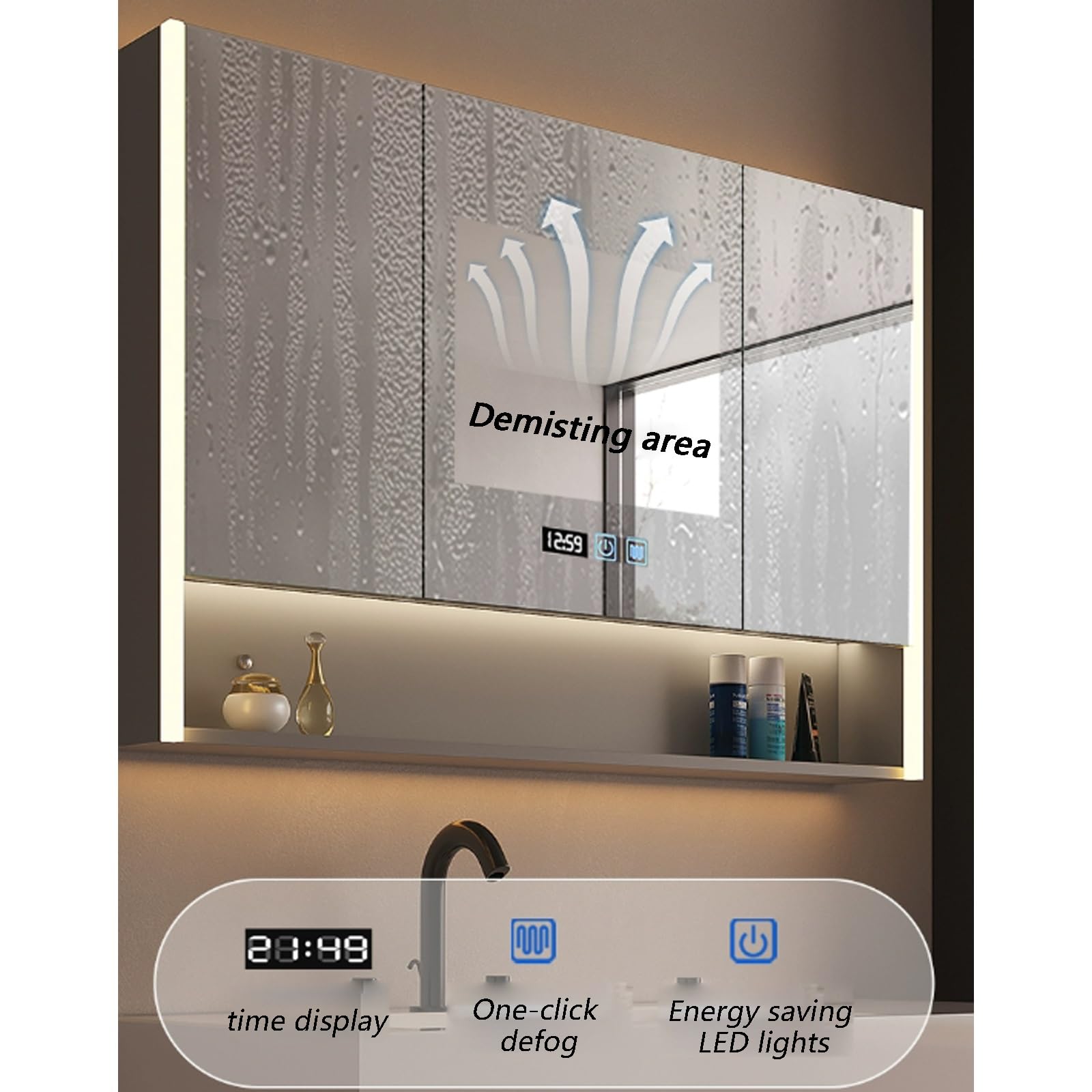 Armario espejo baño led Espejo Antivaho de Maquillaje Inteligente espejo baño con almacenaje y luz armario baÃo pared estrecho con Interruptor Táctil visualización de la hora control tactil ( Size : 8