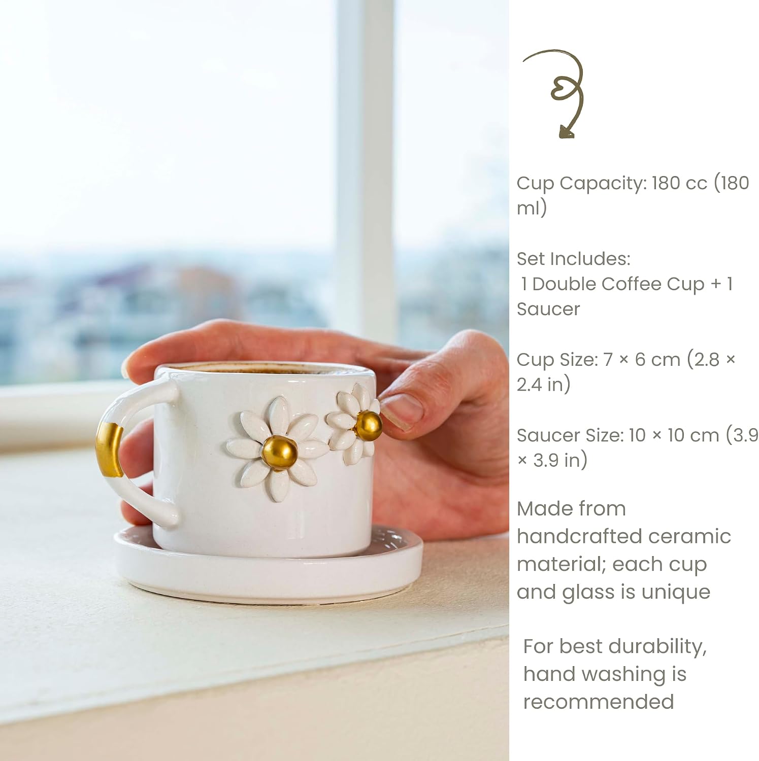 Handmade Double Coffee Mug with Heart Design | Ceramic Coffee & Tea Cup for Latte, Espresso & Cappuccino | Cute Gift Mug for Women, Men, Couples & Everyday Home Use (Gold Daisy)