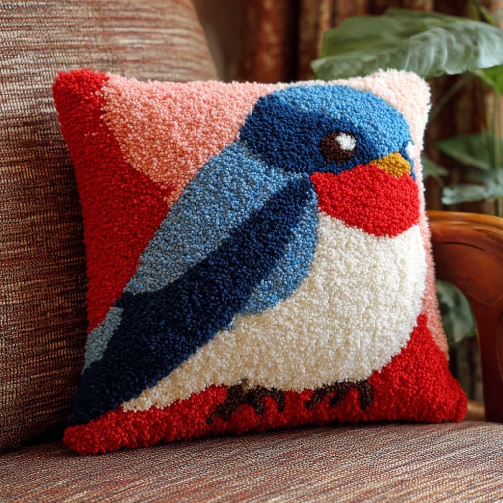 Taxpy DIY Latch Hook Pillow Kit Pre-Printed Hook and Latch Rug Kits Bird 17X17 Inch.Cross-Stitch Embroidery Cushion Cover for Home Sofa Decoration