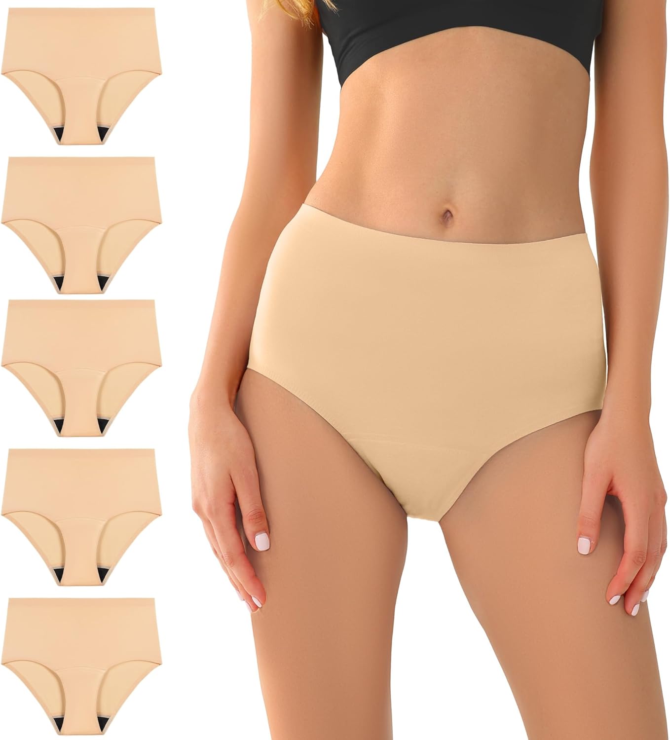 BATTEWA Seamless Incontinence Underwear for Women Ultra Soft Leakproof Panties, 50ml Light Absorbent Washable Briefs Bladder Control 5Pack(Beige, X-Large)