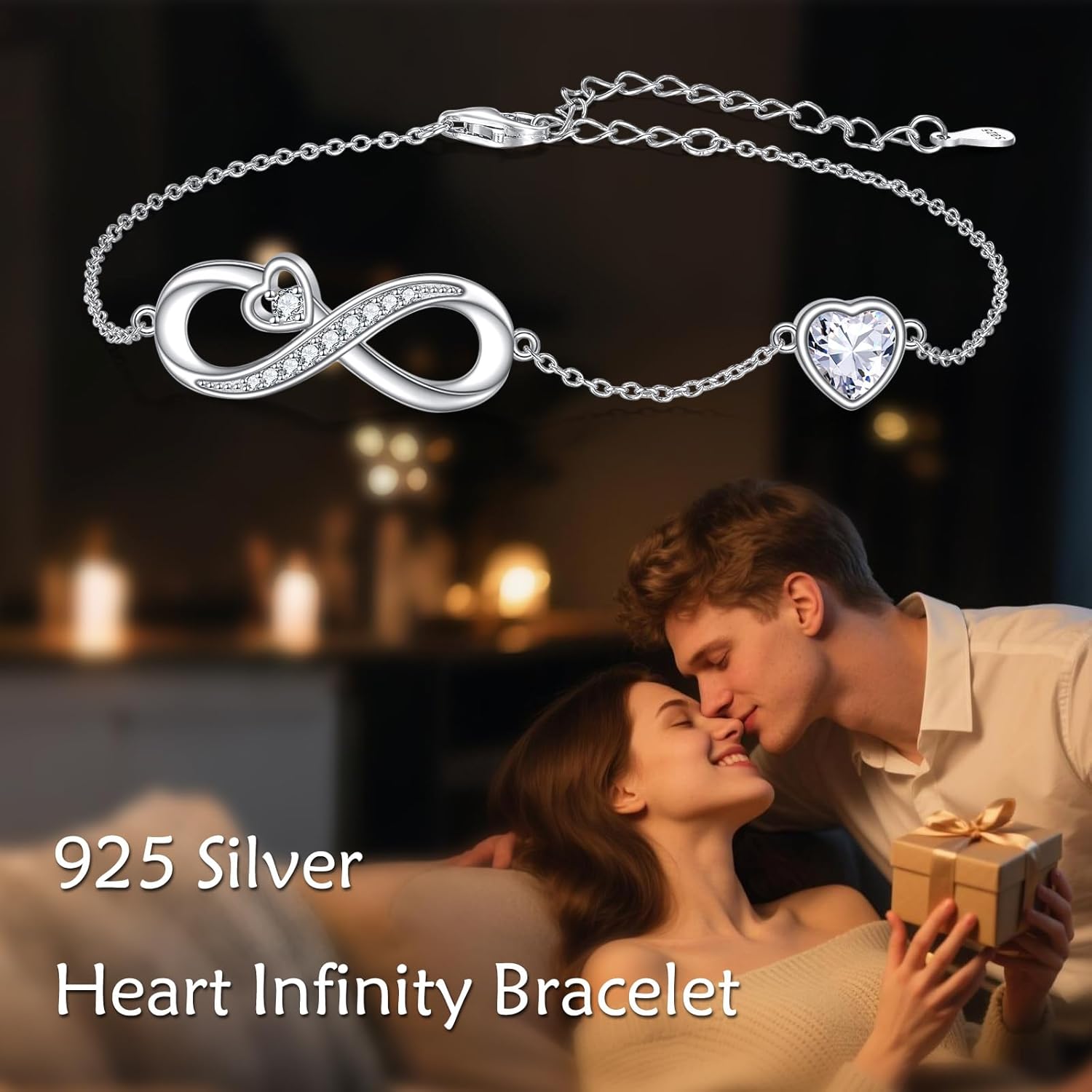 Infinity Heart Moissanite Charm Link Bracelet for Women 925 Sterling Silver,D Color Brilliant Round Cut Moissanite Adjustable Anniversary Birthday Jewelry for Wife Girlfriend Her