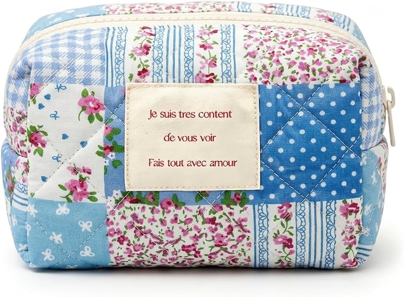 Necessaire de Maquiagem Floral Sminra com Zíper, Algodão Matelassê, Azul Gingham Floral-S, Modelo HH-01