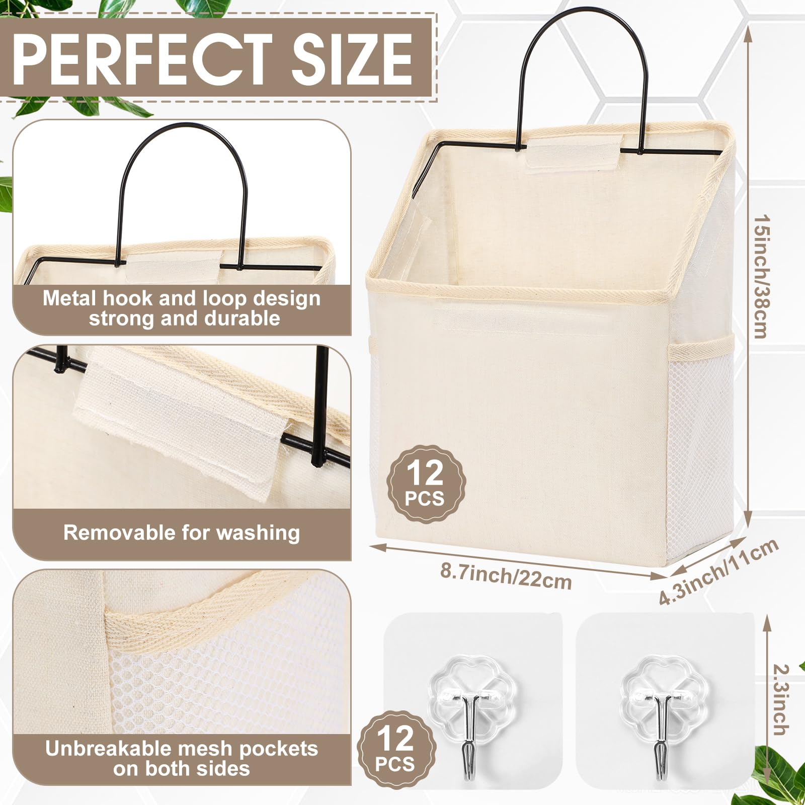 12 bolsas de almacenamiento para colgar en la pared, bolsa organizadora para colgar en la pared con ganchos, cesta colgante de armario con bolsillo, organizador de pared de lino y algodón para