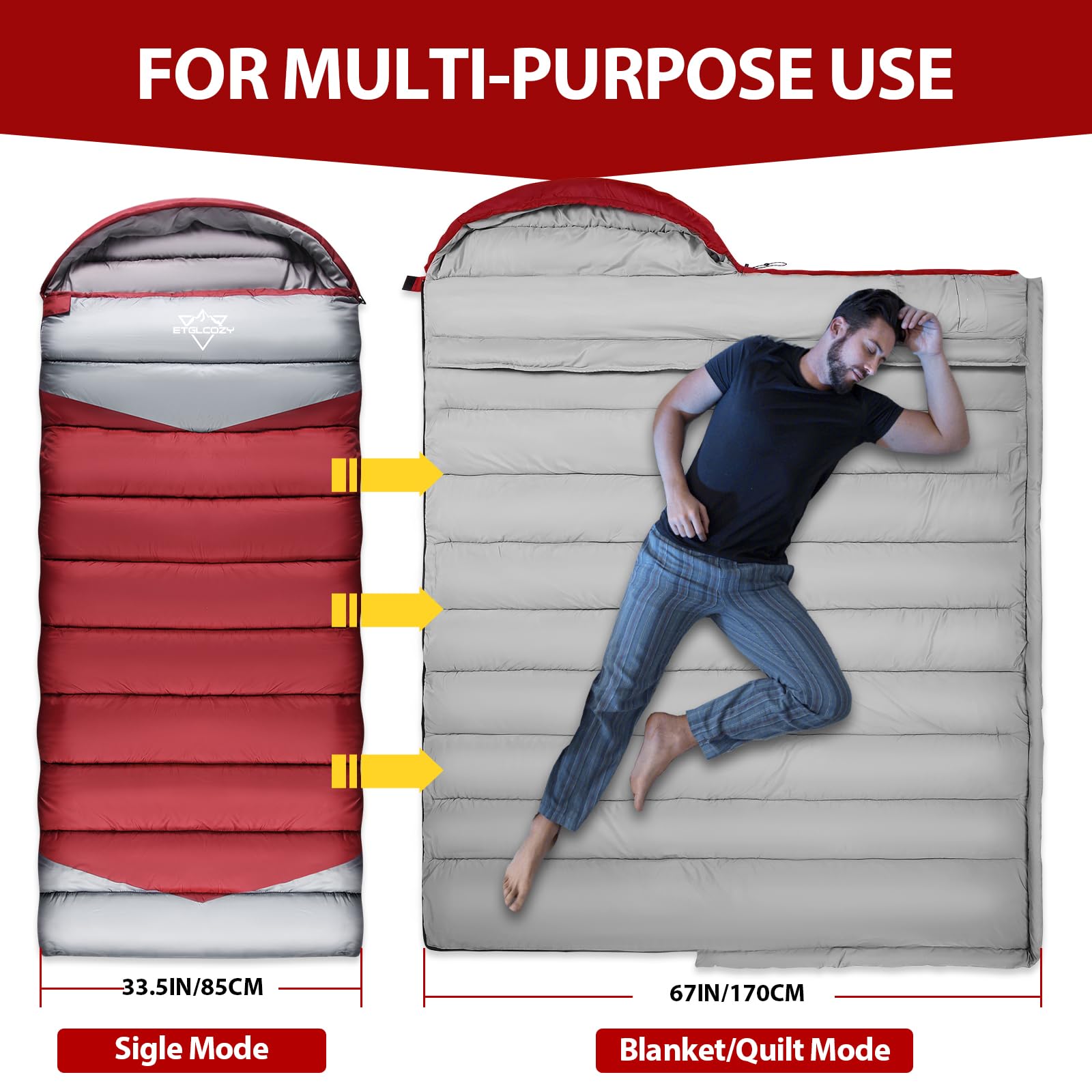 0°F Winter Sleeping Bag For Adults & Kids - 33.5" Wide, Fits Up To 6'6", 3-4 Season, Lightweight, Draft Tubes