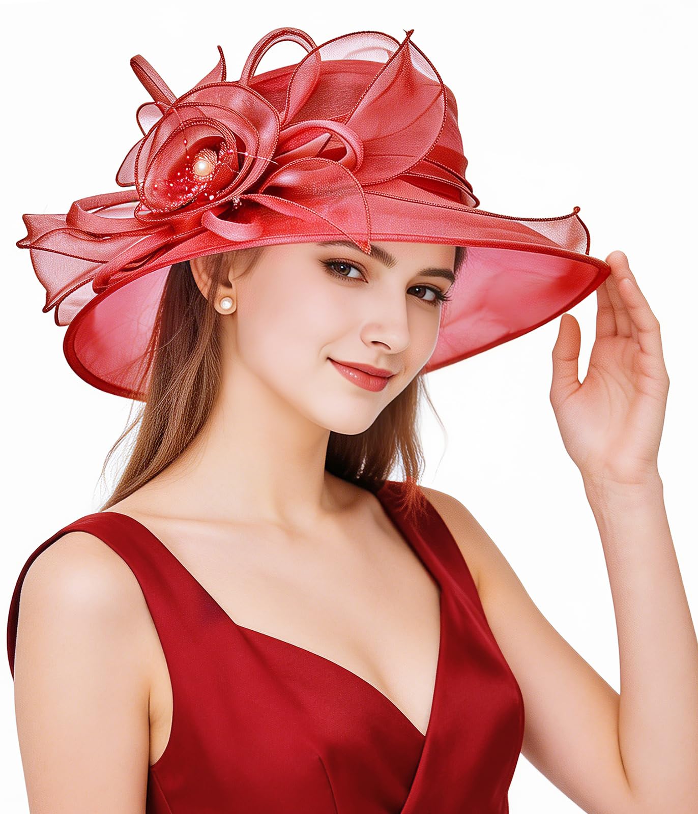 Z&X Organza Church Fascinator Kentucky Derby Hats for Women Flower Wedding Tea Party Hat Wide Brim Sun Hat Wine Red