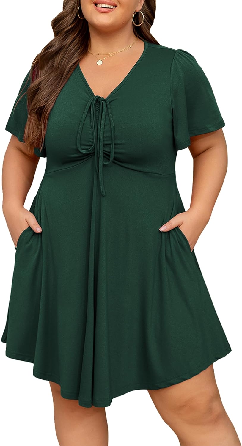 Women's Plus Size Dresses Casual Flowy Dress with Pocket Short Ruffle Sleeve V Neck Drawstring Bow Summer