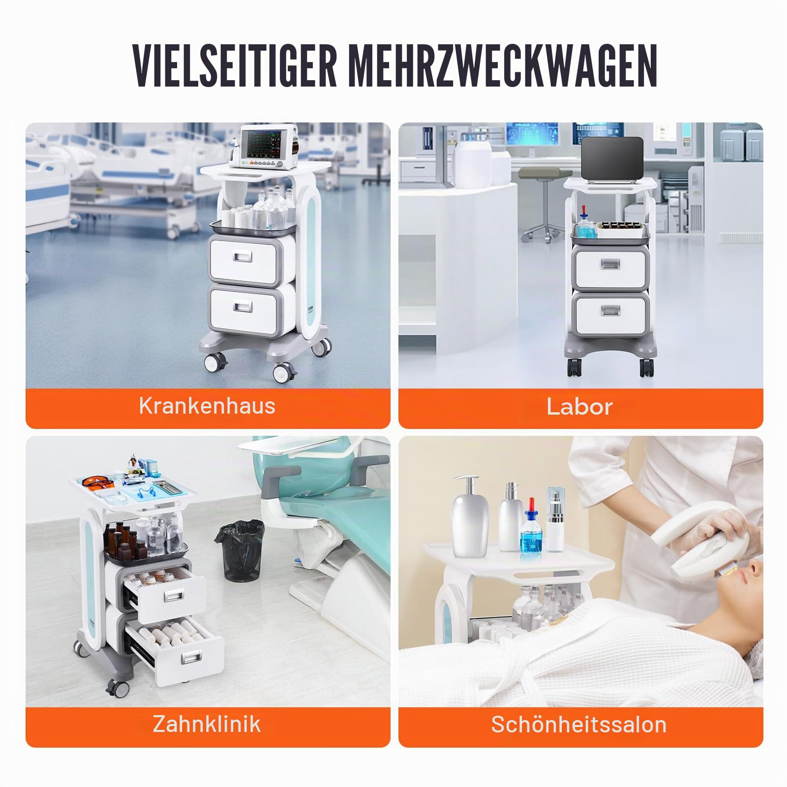 VEVOR Laborwagen Medizinwagen mit 2 Schubladen und oberer Ablage, Rollbarer Laborwagen ABS Material, 50 kg belastbarer Servierwagen Medizinischer Wagen für Labor, Klinik, Krankenhaus, Salon, weiß