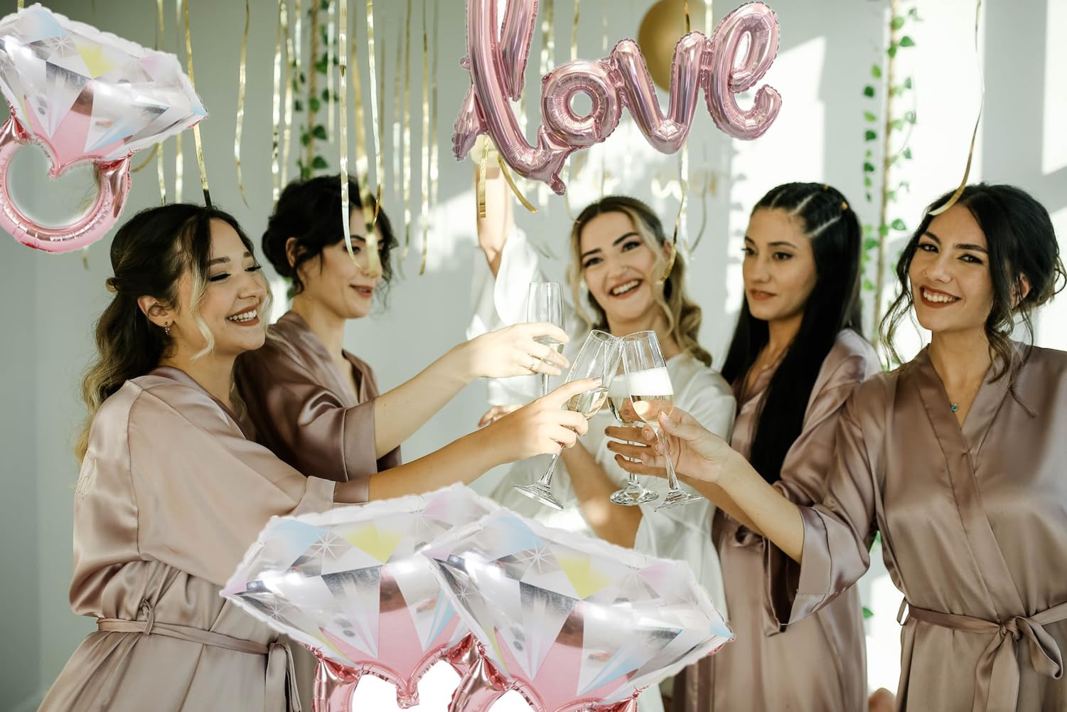 32pcs Gold Engagement Party Decorations, Heart Shaped Love Balloons, Gold Engagement Rings, Bachelorette Wedding Bridal Shower