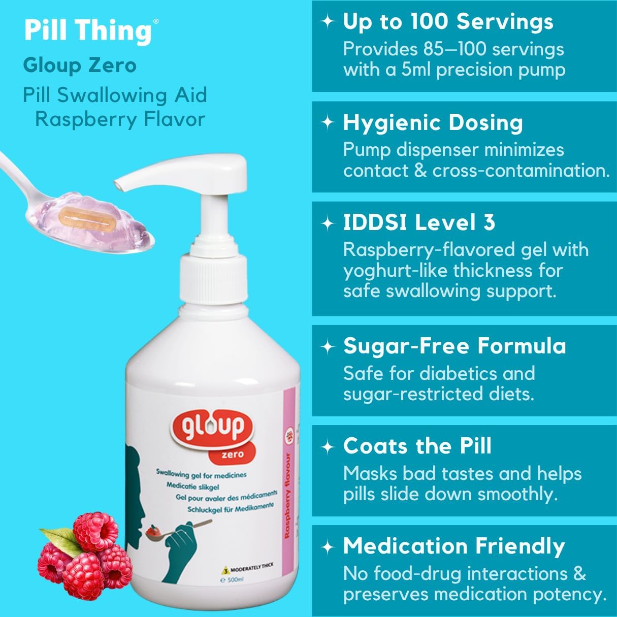 Gloup Pill Swallowing Gel Aid, PatCom Medical Medication Aid, Safe for Severe Dysphagia | IDDSI Level 3 | Easy Pump Dispensing (Zero - Raspberry, Pack of 1)