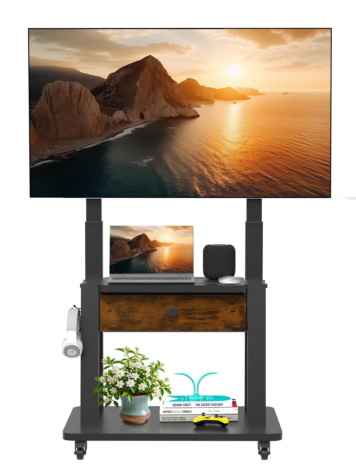 Rolling TV Stand with Fabric Drawer Storage for 32-75 Inch Flat/Curved Screen up to 220lbs LCD/LED/OLED Adjustable Height Mobile TV Cart with Wheels