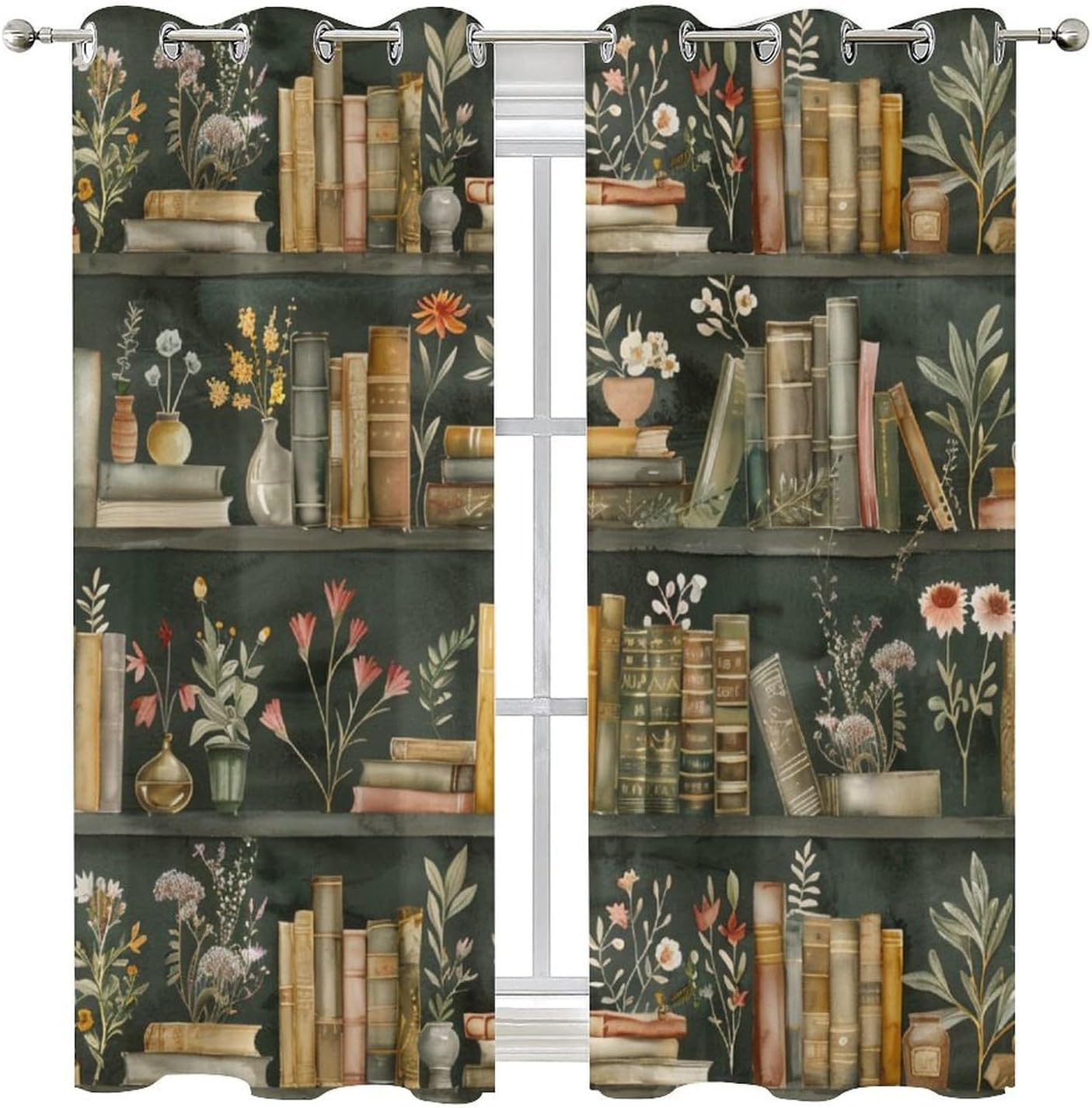 Bookshelf Floral Blackout Curtains for Bedroom, Classic Library Colorful Flower Grommet Curtains Thermal Insulated Window Drapes for Living Room, 21W x 45L, 2 Panels