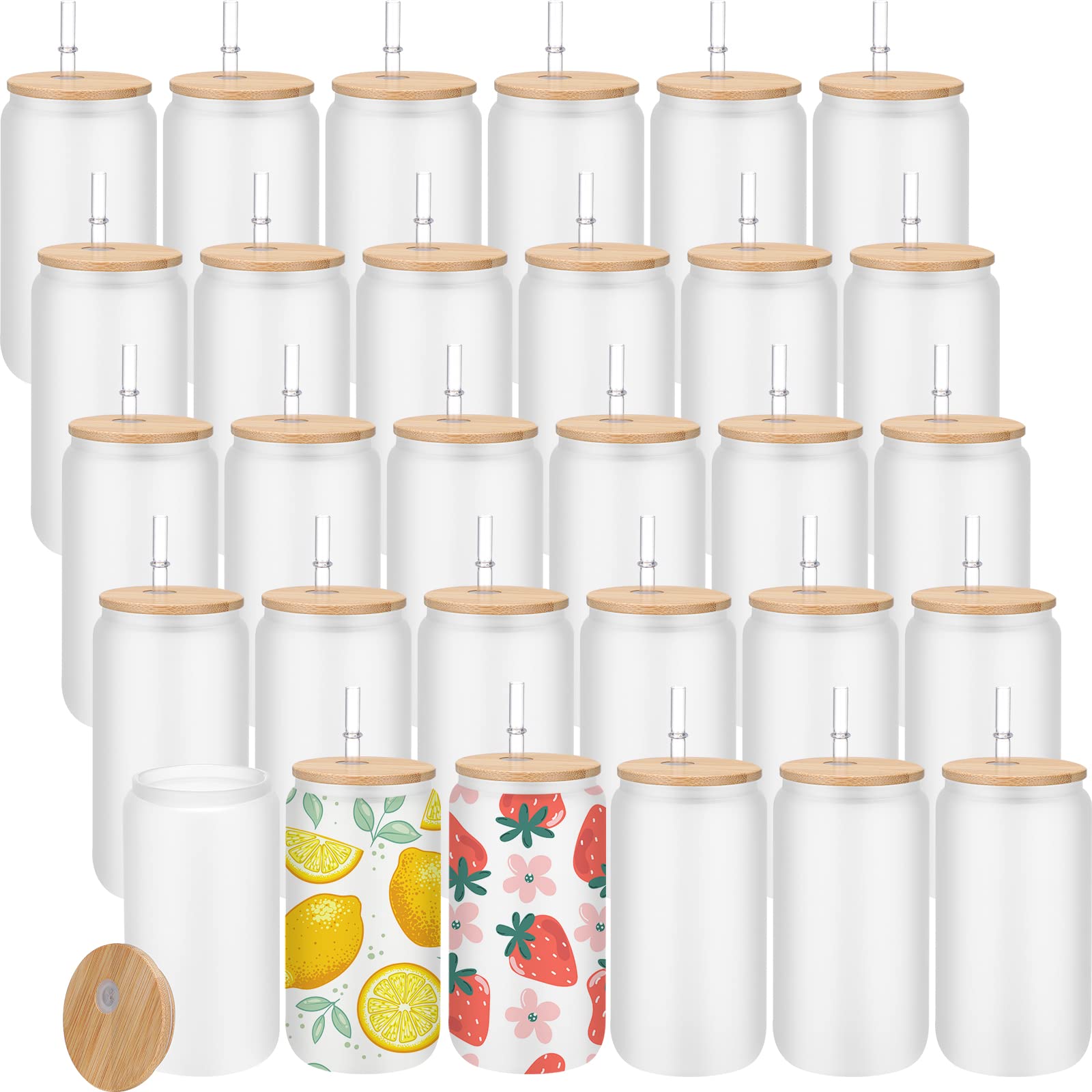 Sieral 16 oz Sublimation Glass Blanks, Beer Can Tumbler with Bamboo Lids and Glass Straws, Sublimation Jars Water Tumbler Cups for Coffee Juices Cocktail Wine DIY Gifts (30 Pieces)- incomplete missing lids and straws