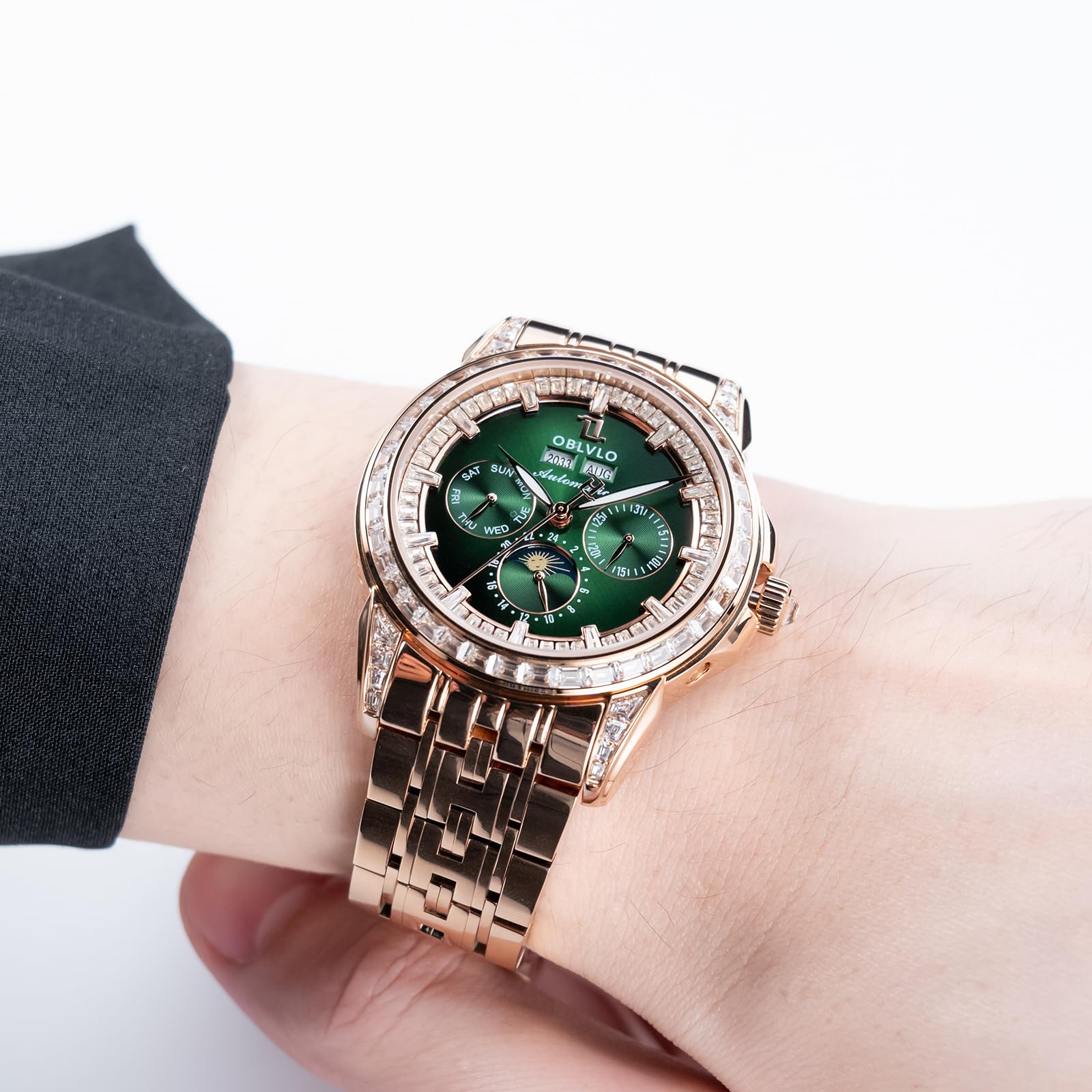 OBLVLO GCM-MUT Orologio da uomo di lusso in acciaio inossidabile 316L con fasi lunari con lunetta con diamanti multifunzione 24 ore