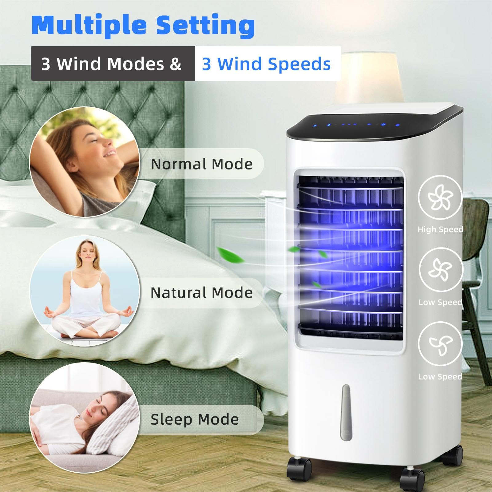 SOARS Ventilateur Rafraichisseur d'Air 65W, 3 en 1 Refroidisseur d'Air, Ventilateur, Humidificateur, 3 Vitesses, Minuterie 7,5H, Réservoir d'Eau 7L, Télécommande, pour Chambre, Salon, Bureau