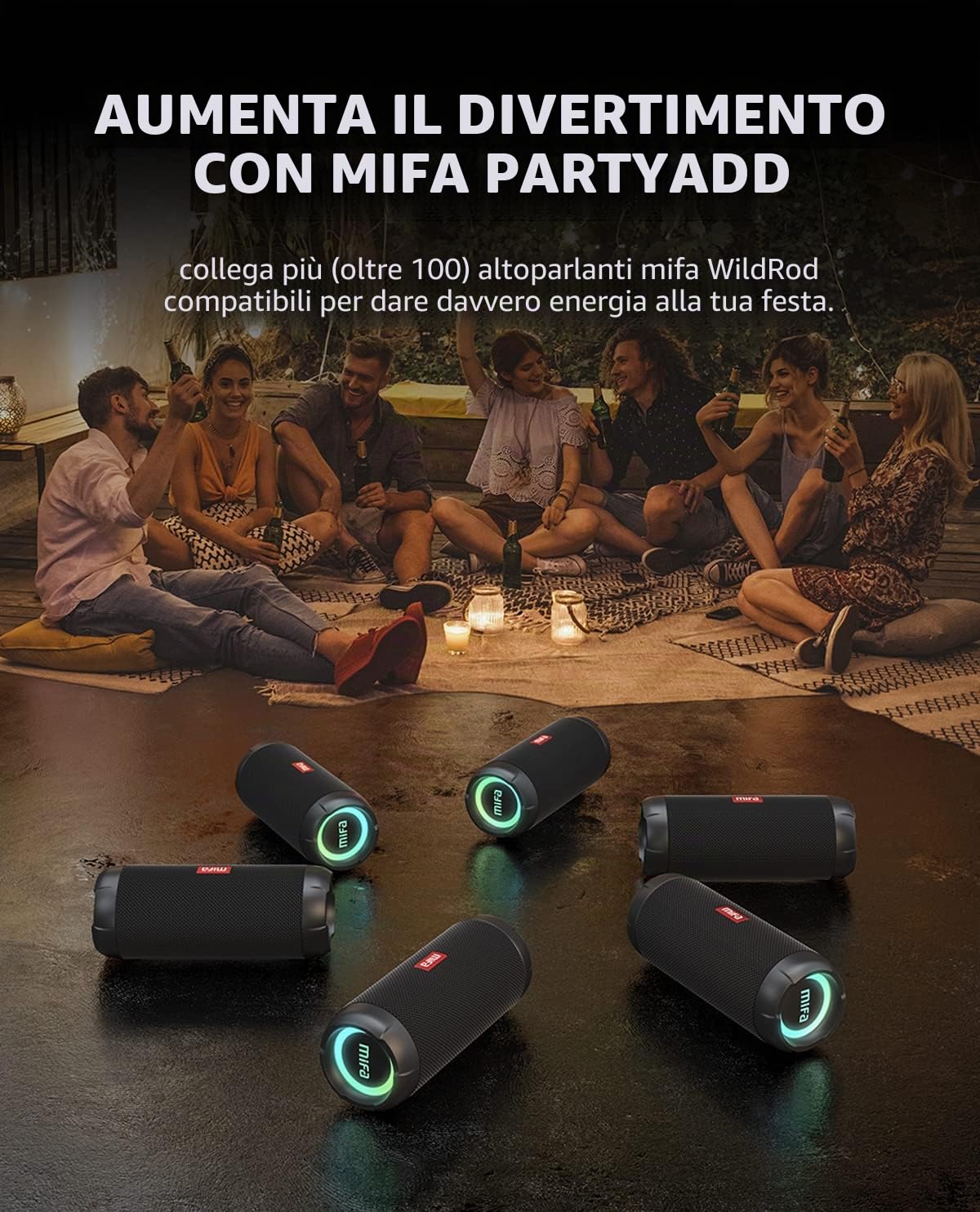 MIFA WildRod Casse Bluetooth 5.3 IP67 Impermeabile e Antipolvere, Potenza di Riproduzione 30 W, Batteria da 12 ore, Ricarica USB-C e supporto Micro-SD, luce LED RGB, Nero