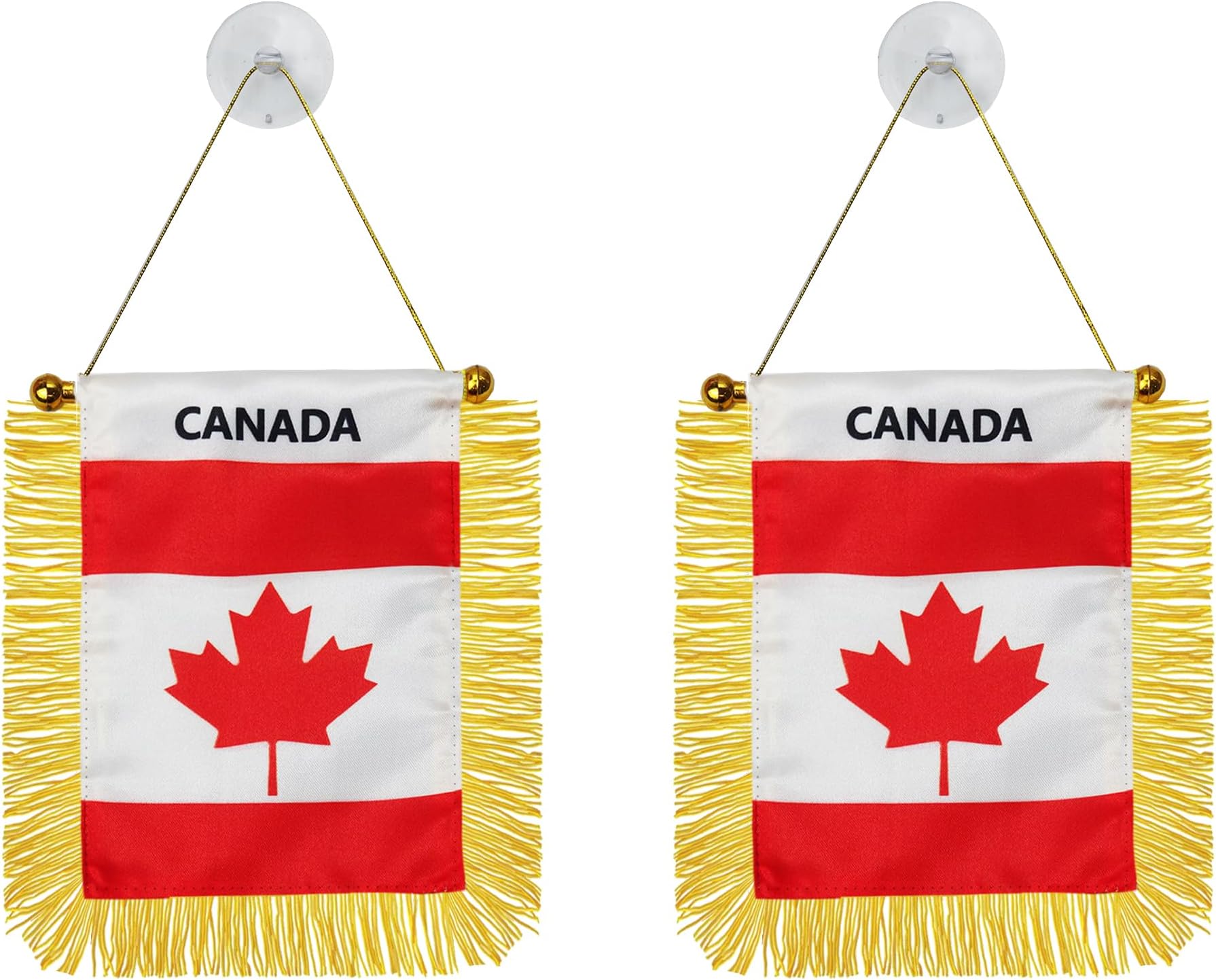 2 Pack Canada Window Hanging Flag, 4x6 Inch Small Mini Car Flags Banner with Golden Fringy Tassel and Suction Cup, Canada Hanging Flag for Wall, Room and Rearview Mirror Decor