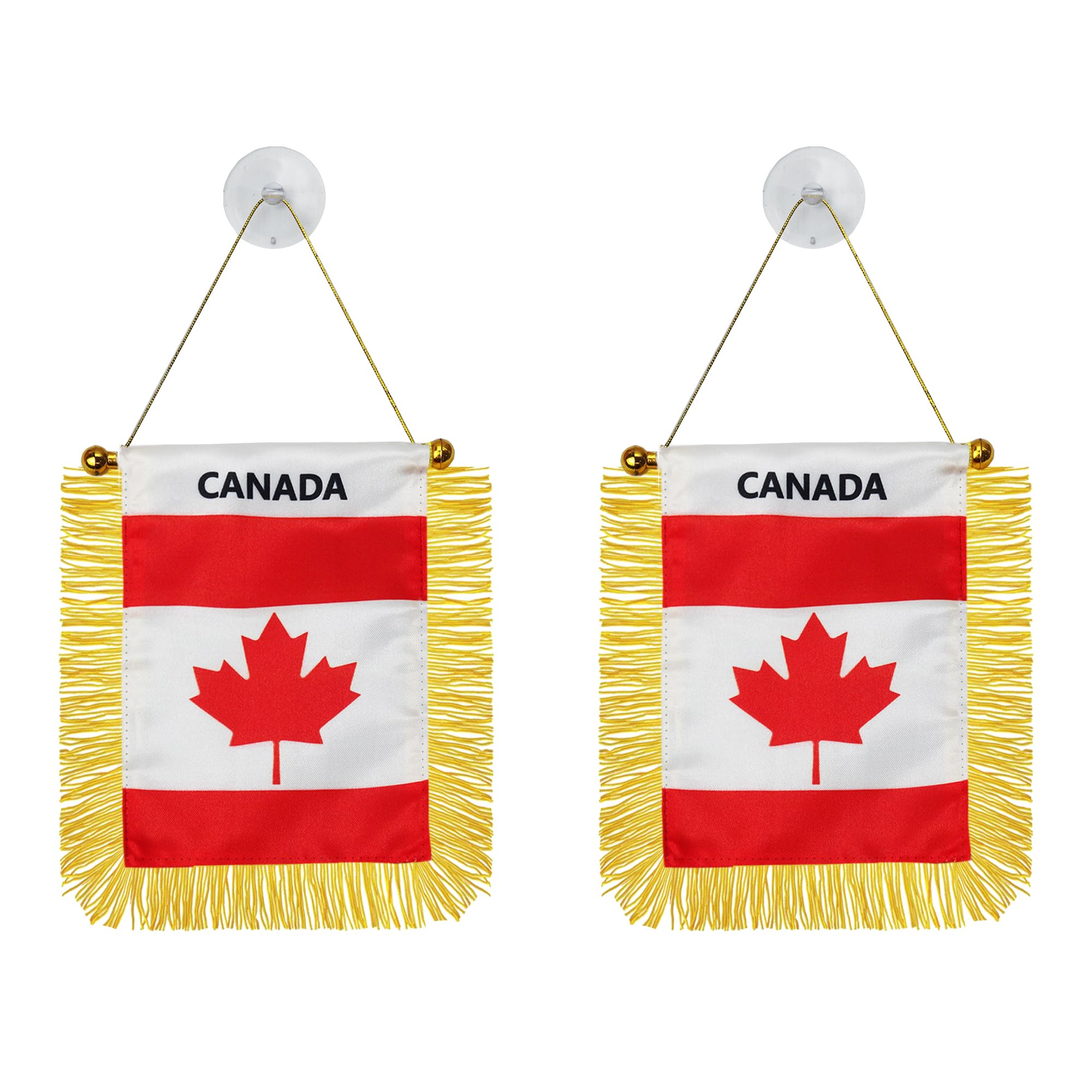 2 Pack Canada Window Hanging Flag, 4x6 Inch Small Mini Car Flags Banner with Golden Fringy Tassel and Suction Cup, Canada Hanging Flag for Wall, Room and Rearview Mirror Decor