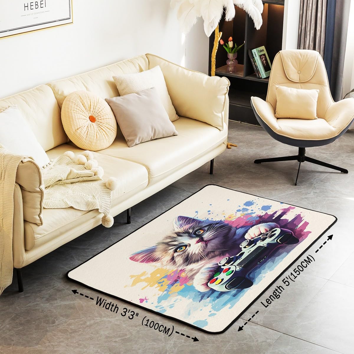 Loussiesd Dywan do salonu dla graczy, 100 x 150 cm, gamingowy dywan akcentujący dla chłopców, dziewcząt, nastolatków, nowoczesny kontroler konsoli do gier, mata podłogowa, joystick, beżowa, fioletowa,