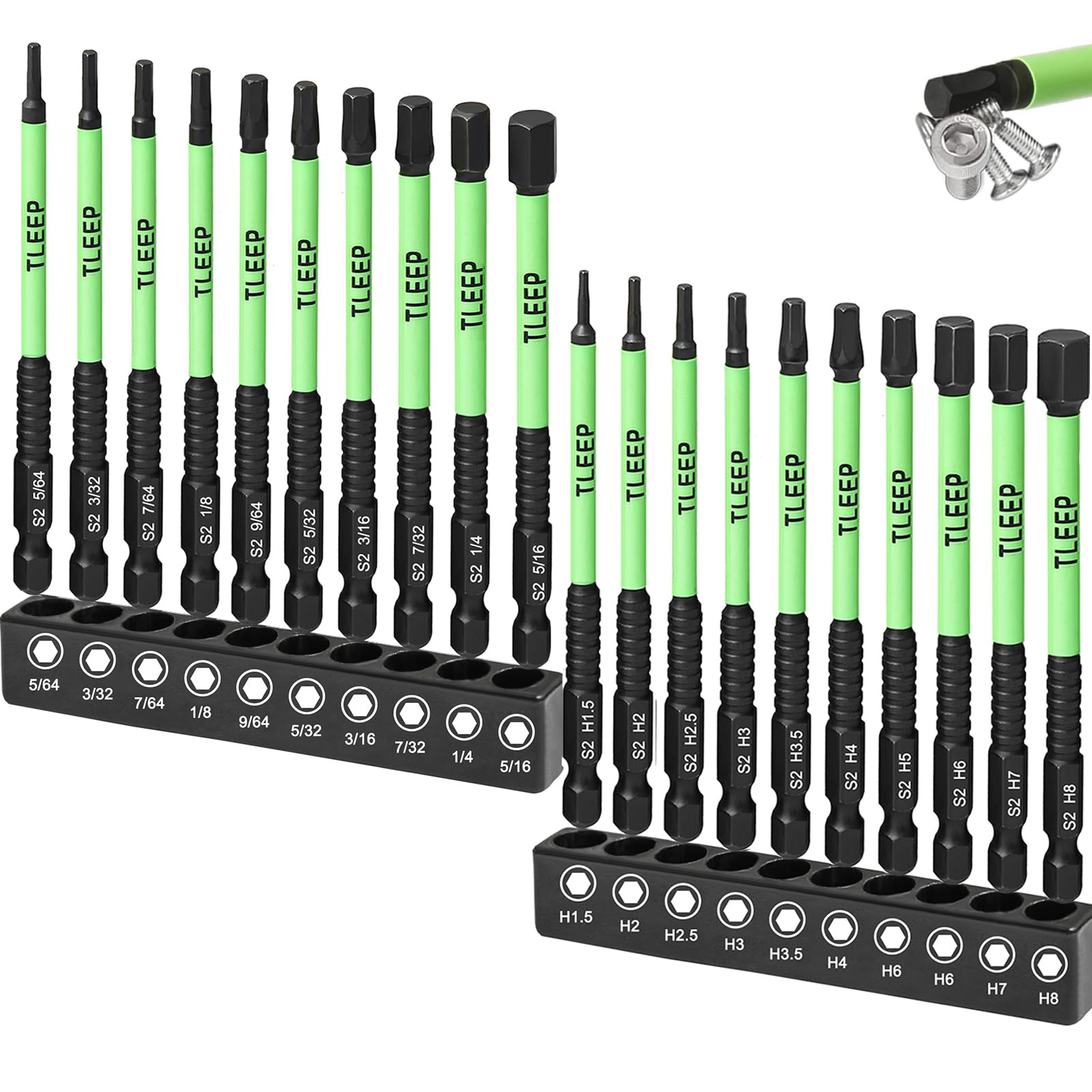 TLEEP 20 x Metric & SAE Allen Wrench Drill Bit Set 1/4" Hex Shank 4" Long Impact Wrench Hex Key Set, Magnetic Tips Allen Wrenches Sets S2 Steel,