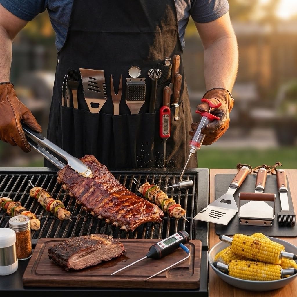 Set Accessori Barbecue 26 Pezzi, Kit Utensili Griglia in Acciaio Inox Robusto con Termometro, Seringa e Grembiule, Regalo Barbecue Perfetto per Uomo e Papà, Ideale per Grigliata all'aperto