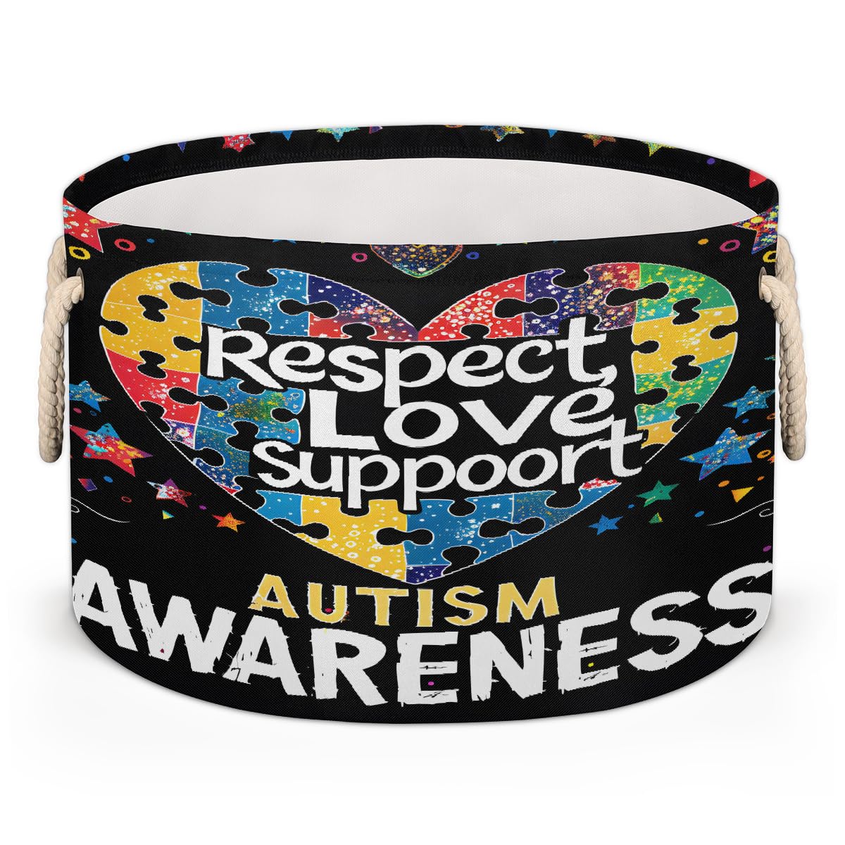 Large Round Laundry Basket Autism Rainbow Star Heart Toy Bins Organizers and Storage for Girls Canvas Collapsible Blanket Storage Basket Laundry Hamper Gift Baskets Bedroom Clothes Children Nursery